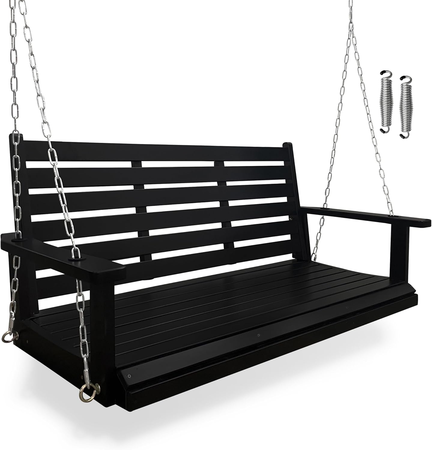 Wooden Porch Swing, Ergonomic Seat, Bench Swing with Hanging Chains and 7mm Springs, Heavy Duty 880 LBS, for Outdoor Patio Garden Yard (Matte Black, 2-Seater Extra Large)
