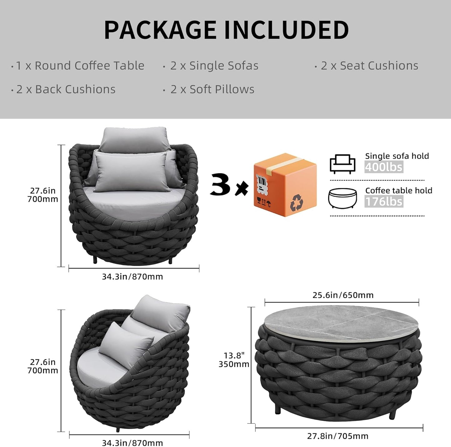 3 Pieces Aluminum Patio Furniture Set Modern Patio Set with Coffee Table, No Assembly Required Outdoor Conversation Set with Dark Grey Cushions for Balcony, Porch, Lawn