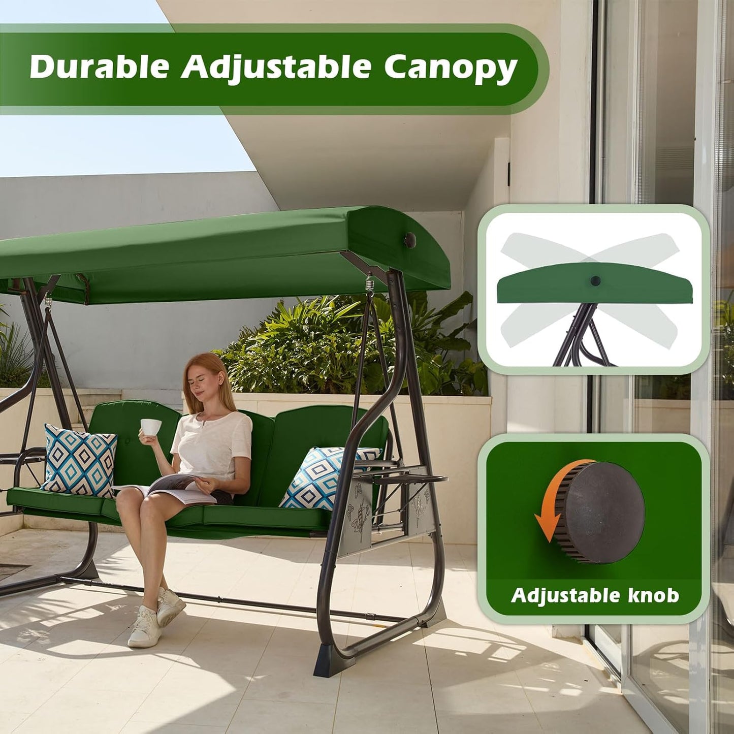 3-Seat Patio Porch Swing 800LBS Outdoor Swing with Stand w/Canopy & Adjustable Backrest Patio Glider Chair w/Removable Pillows & Foldable Side Tray for Balcony Garden Deck (Green)