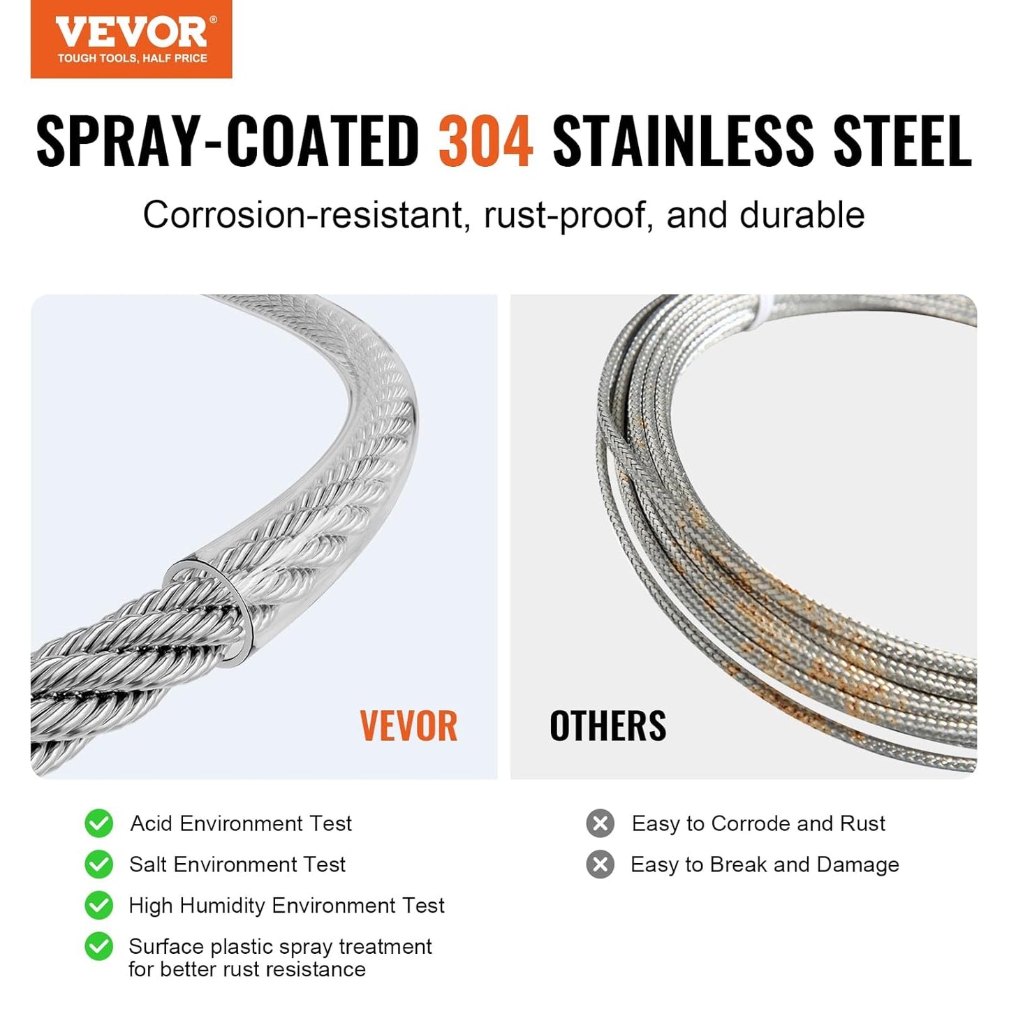 VEVOR 1/8 Wire Rope Kit, 100 FT Vinyl Coated 304 Stainless Steel Cable with 59 Accessories, Turnbuckles, 650 lbs Breaking Strength, Marine Aircraft Grade for Handrail Stair Decking Fence Outdoors