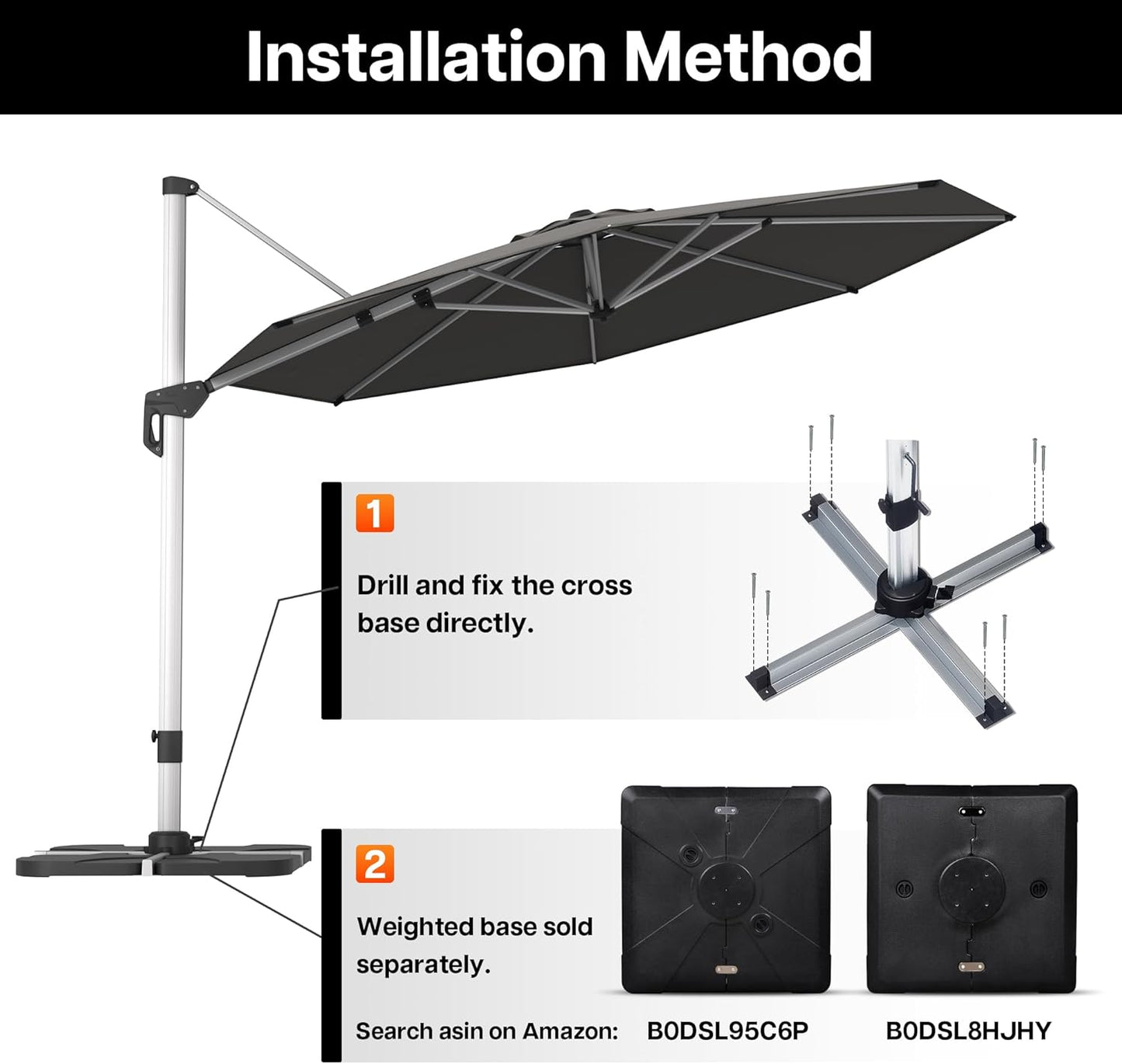 Patio Umbrella, 11FT Outdoor Cantilever Umbrella with 360-degree Rotation for Garden, Deck, Backyard, Pool and Beach, Grey