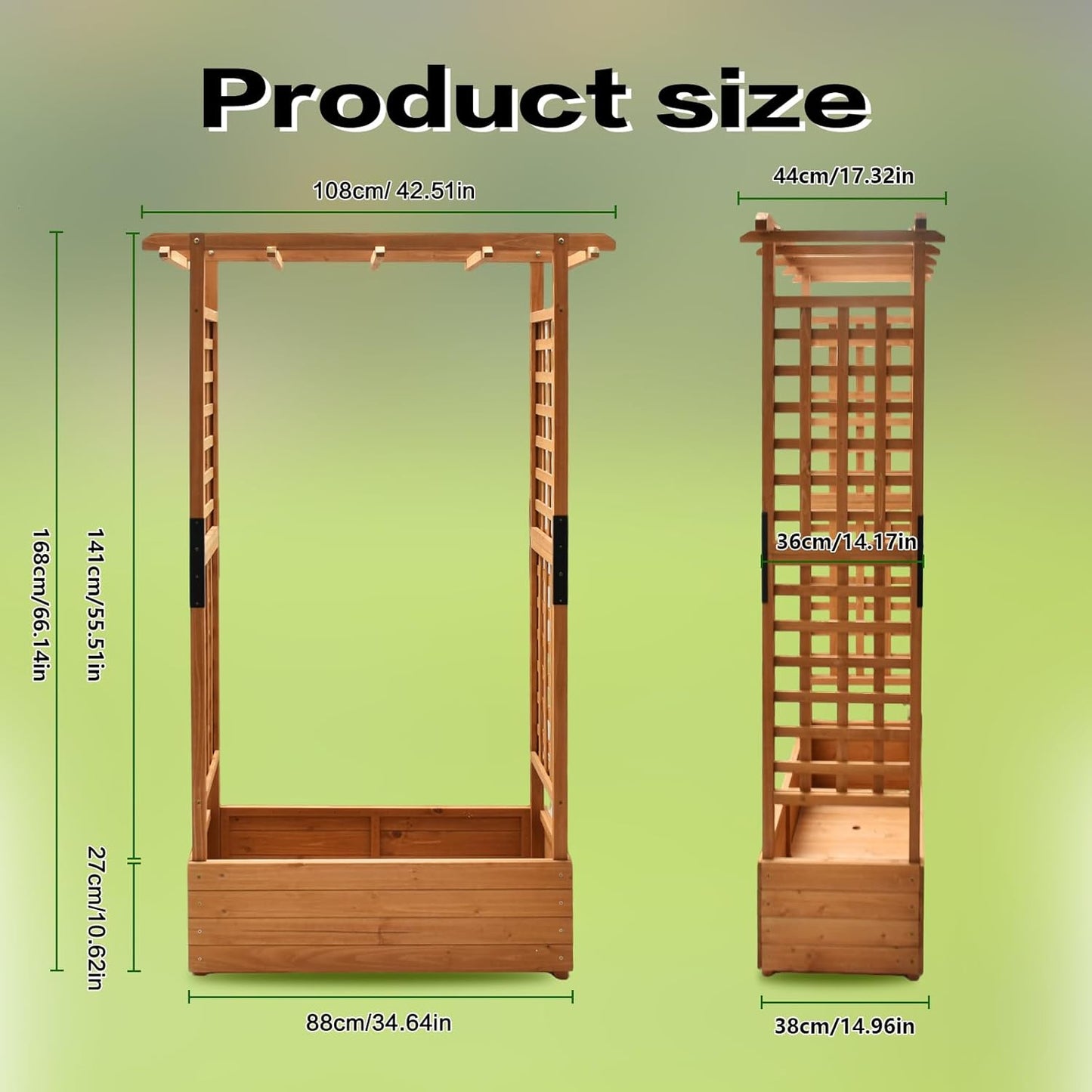 Raised Garden Bed with Wood Trellis Set of 2 Outdoor Planter Box for Tomatoes Climbing Vegetables Herbs Flowers Patio Pots Tall Hanging Roof 2 Drainage Holes Orange, 42.5" L x 17.3" W x 66.1" H