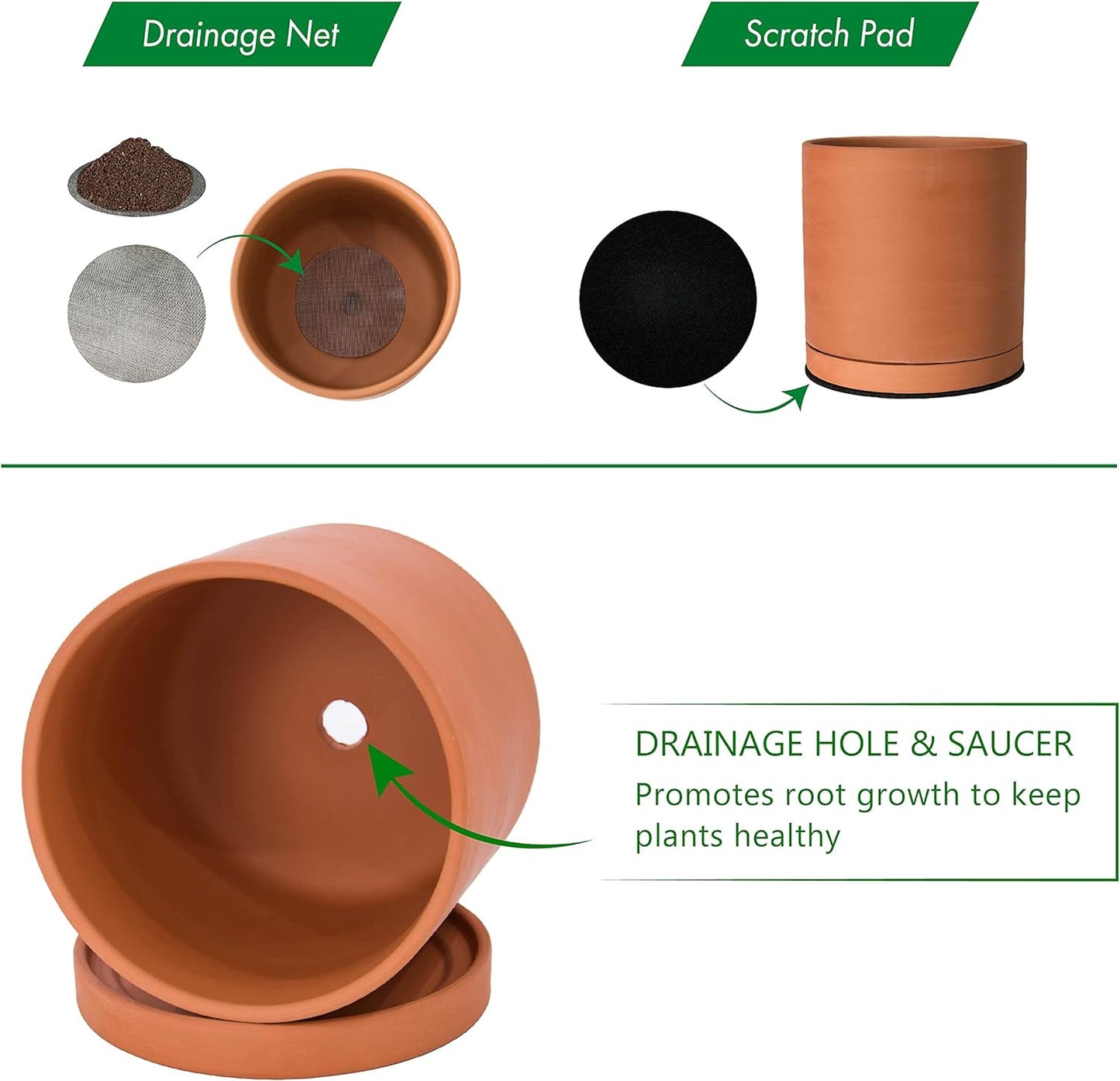 D'vine Dev Small Plus 5 Inch Terracotta Plant Pot with Drainage Hole and Saucer, Round Cylinder Planter Pot for Indoor Plants, 40-X-A-2