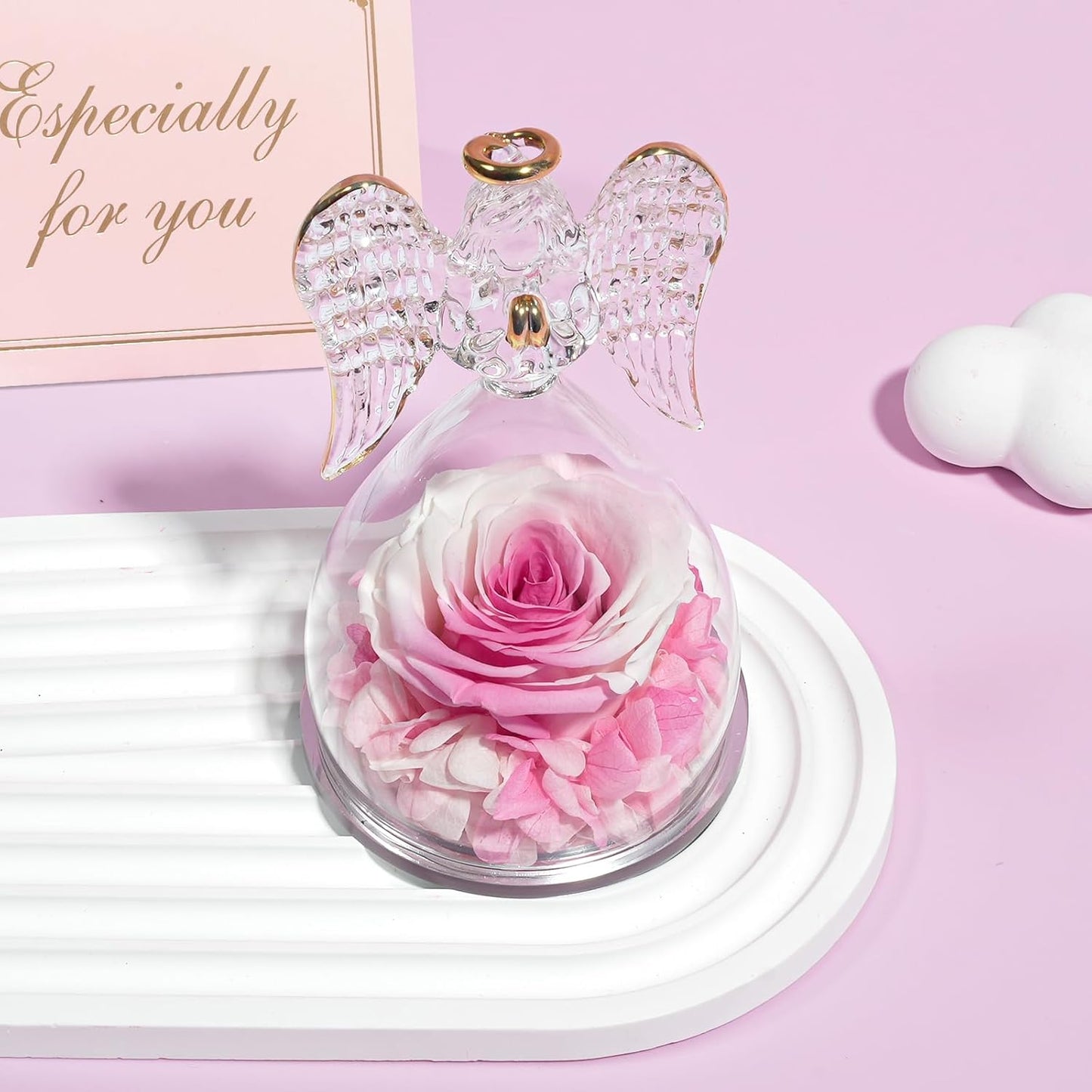 Yamonic Birthday Gifts for Women, Angel Figurines with Real Rose Gifts for Her Mom Grandma,Preserved Flowers Rose Gifts for Christmas Anniversary Birthday Gifts for Her (White+Pink)