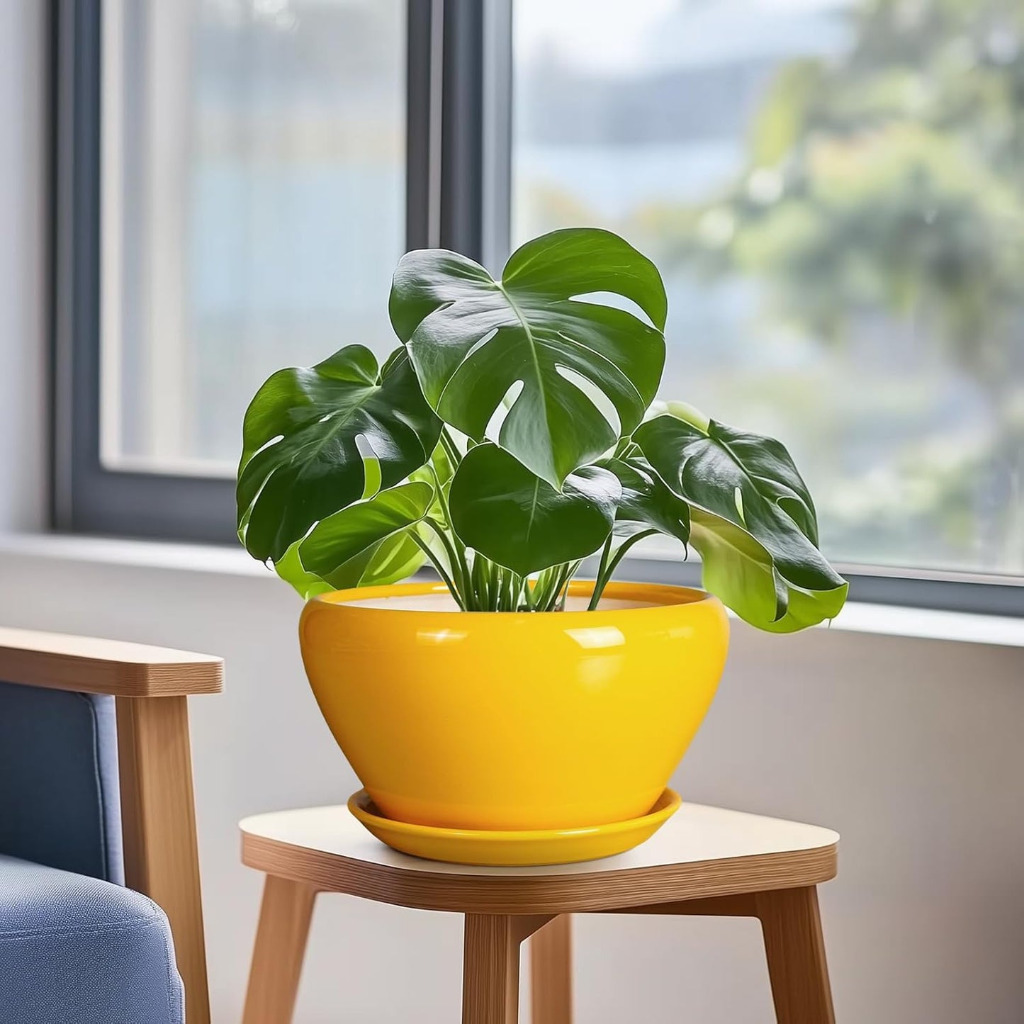 Ceramic Planter 9 Inch - Mid-Century Round Modern Plant Pot Indoor with Drainage Hole and Saucer for Outdoor Plants, Balcony House Garden Patio Home Decor, Yellow