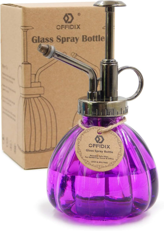 OFFIDIX Glass Watering Spray Bottle, 6.3" Tall Vintage Style Plant Mister with Bronze Plastic Top Pump One Hand Watering Can Glass Spary Bottle (Dark Purple)