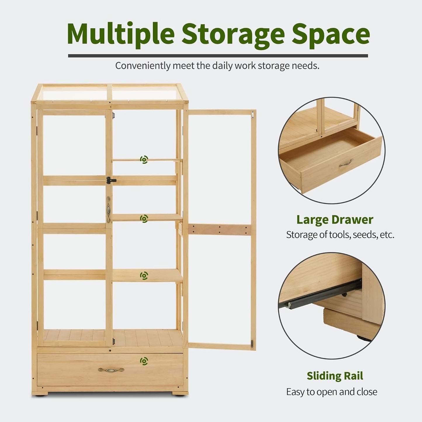 Macrout Cold Frame Greenhouse, Tall Wooden Greenhouse for Outdoor Indoor Use with Polycarbonate Panels, 3 Tier Garden Cold Frame with Drawer and Shelves, 0864 (Natural)