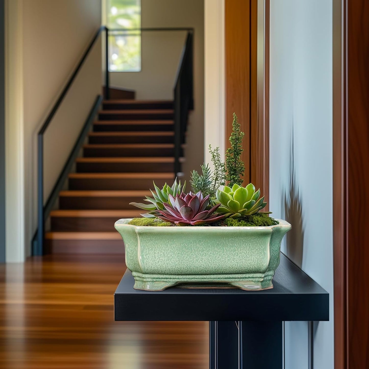 Bonsai Pots - 13.7 Inch Rectangle Ceramic Pots for Plants, Large Succulent Planter with Drainage Hole, Decorative Planters for Indoor Outdoor, Garden House Decor, Housewarming Gifts, Green