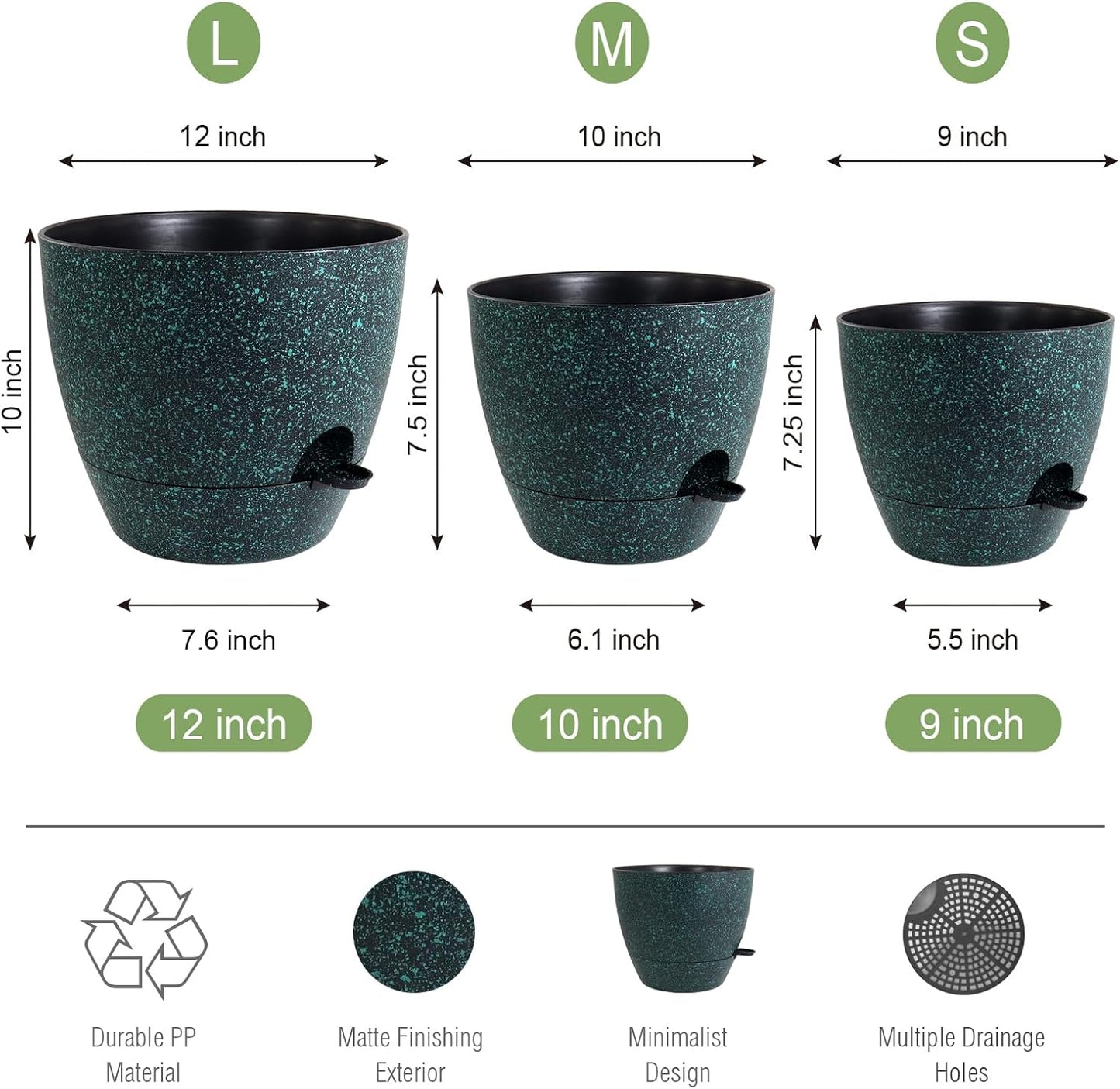 Large Self Watering Pots, 12/10/9 Plastic Planters with High Drainage Holes and Deep Reservoir for Indoor Outdoor Garden Plants and Flowers, Black with Green Speckles