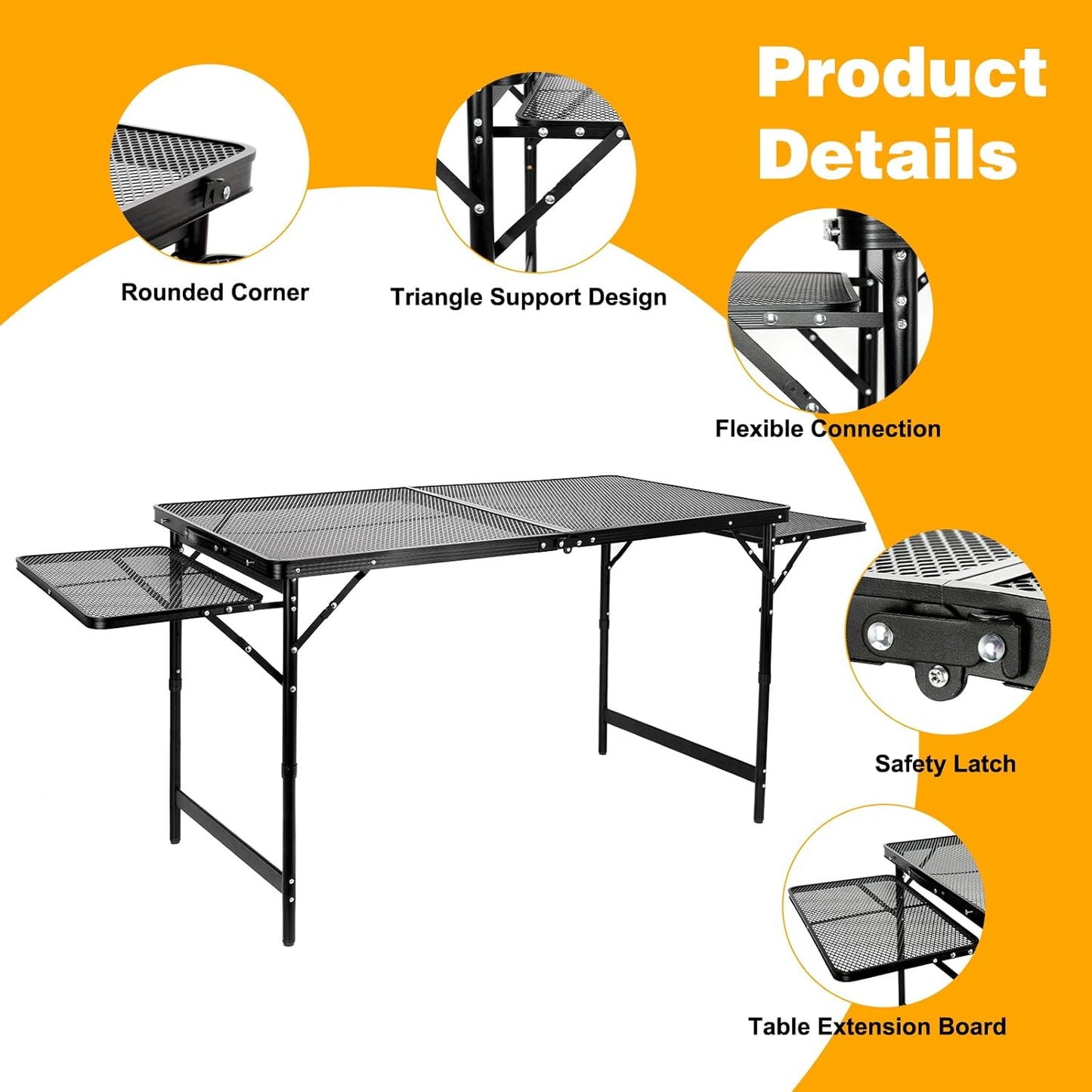 Grill Table Folding Table with 2 Wing Panels 4FT+1.77 FT with with 1×2/5 L Storage Bag Mesh Desktop 3 Height Adjustable Portable Grill for Outdoor Indoor Beach BBQ Picnic Travel RV Black