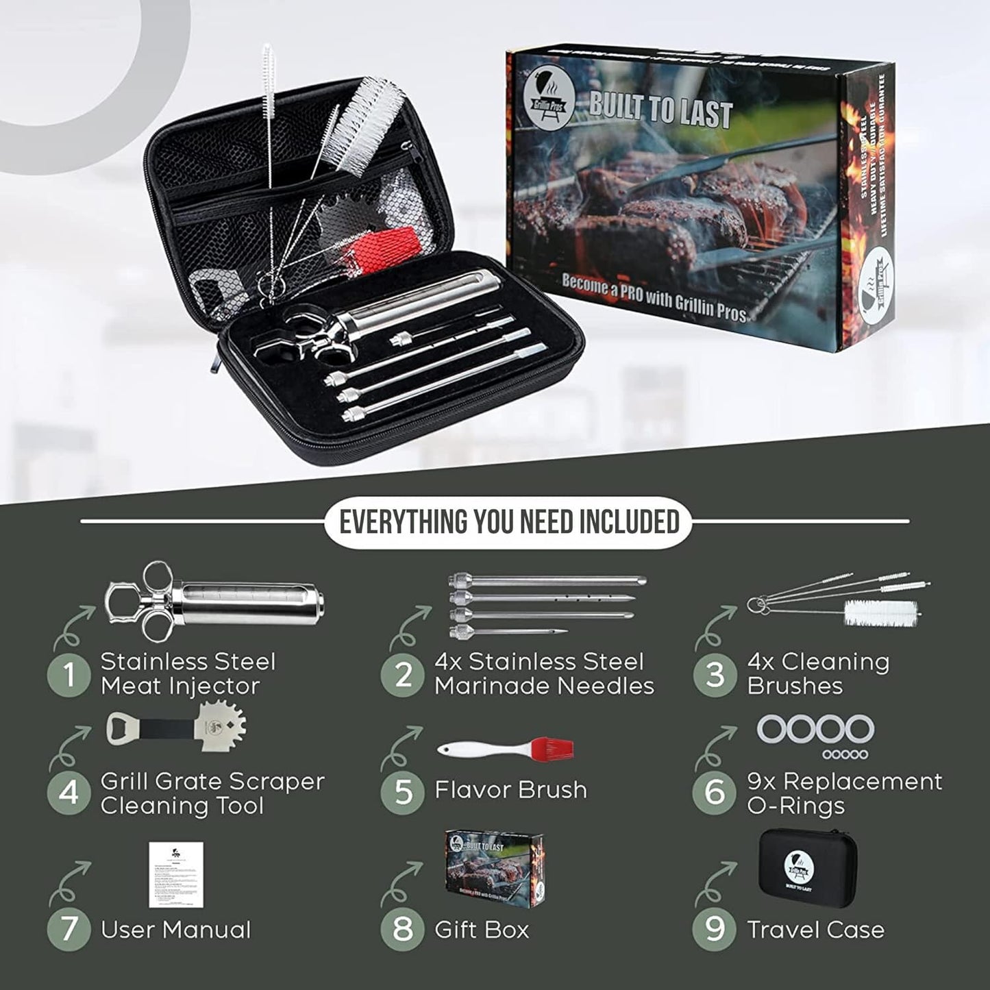 Professional Meat Injector Marinade Syringe Kit for Smoking & Grilling Turkey, Brisket & BBQ - Large 2 Oz Visible Stainless Steel Capacity - Never Leaks or Clogs + Safe Grill Cleaner & Flavor Brush