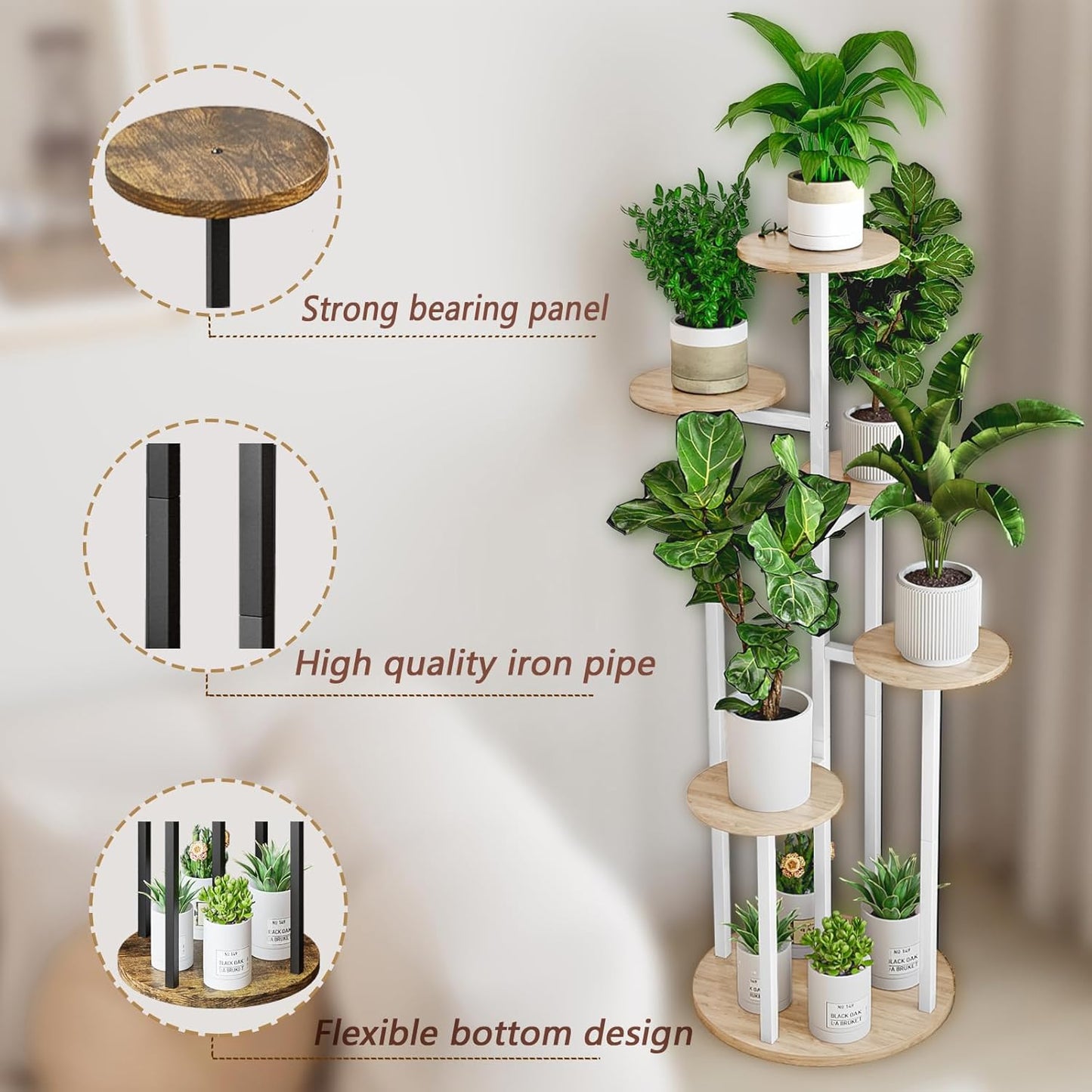 Plant Stand Indoor 6 Tier 9 Potted Multiple Flower Pot Holder for Patio Garden Balcony Living Room Corner (6 Tier White+Sonoma Oak)