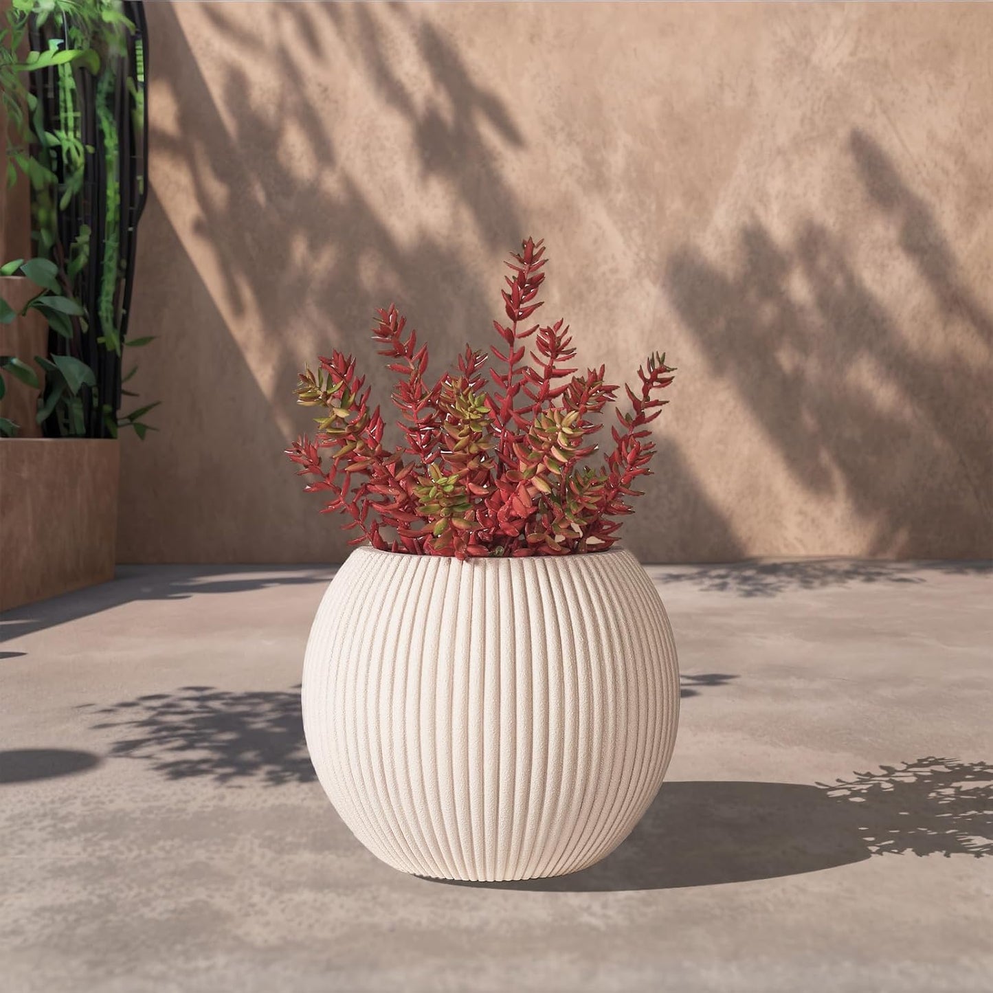 16 Inch Handmade Outdoor Planter - Classic Striped Design | Fiberglass & Composite Material | Durable for Commercial & Home Decor