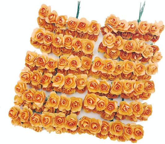 Mini Fake Rose Flower Heads 144pcs Mini Artificial Mulberry Paper Roses Flower with Wire Stem DIY Wedding Flowers Accessories Make Bridal Hair Clips Headbands Dress (Orange)