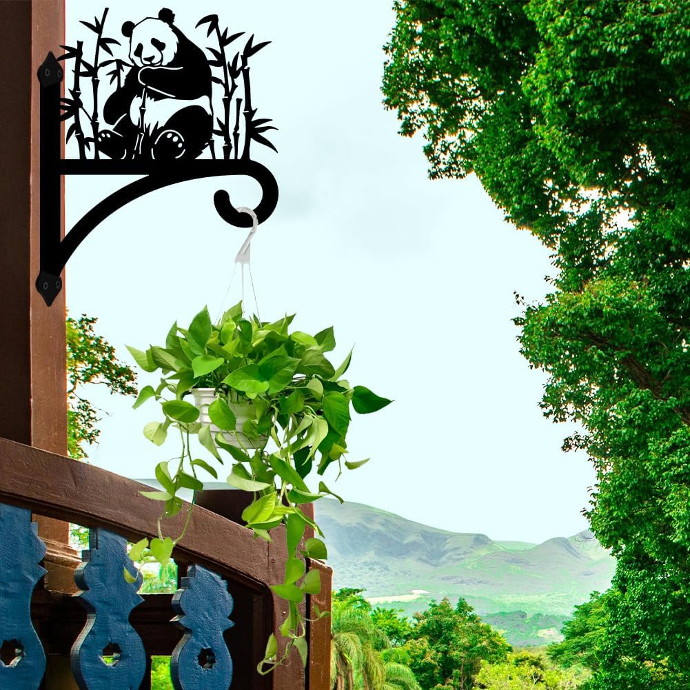 Peacoblue Iron Plant Hangers Holder for Outdoor Indoor Hanging Plants Flower Fern Pots Lantern Bird Feeder Wind Chimes, 12”x14” Weather Resistant Metal Wall Bracket Hooks for Porch Garden House(Panda)