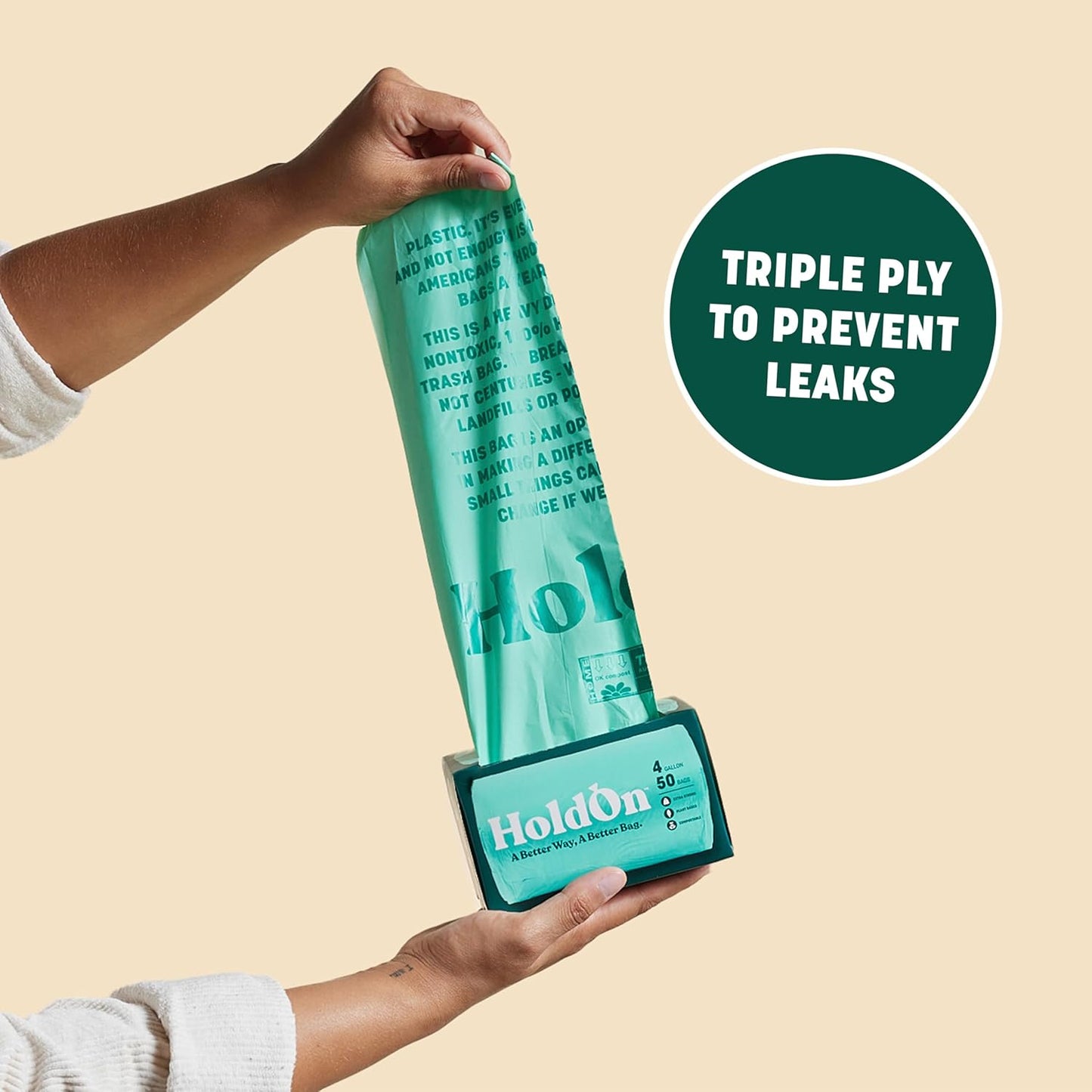 HoldOn 4-Gallon Trash Bags – Heavy-Duty and Compostable, Small Kitchen Bags for Kitchen Bin (50 bags)