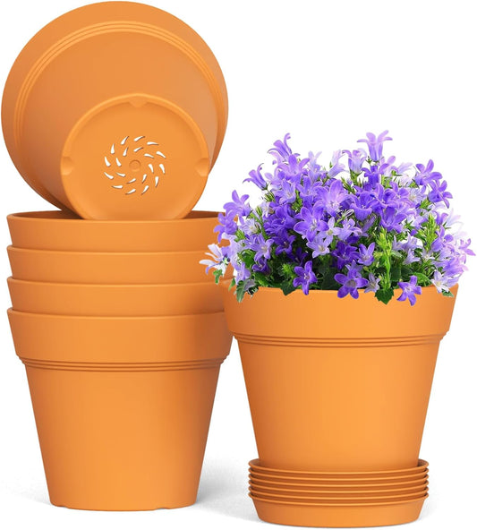 6 Inch Thick Plastic Plant Pots with Drainage Holes and Trays – 6 Pack Nursery Pots for Indoor & Outdoor House Plants, Seedling Starter Planters for Garden Flowers, Terracotta