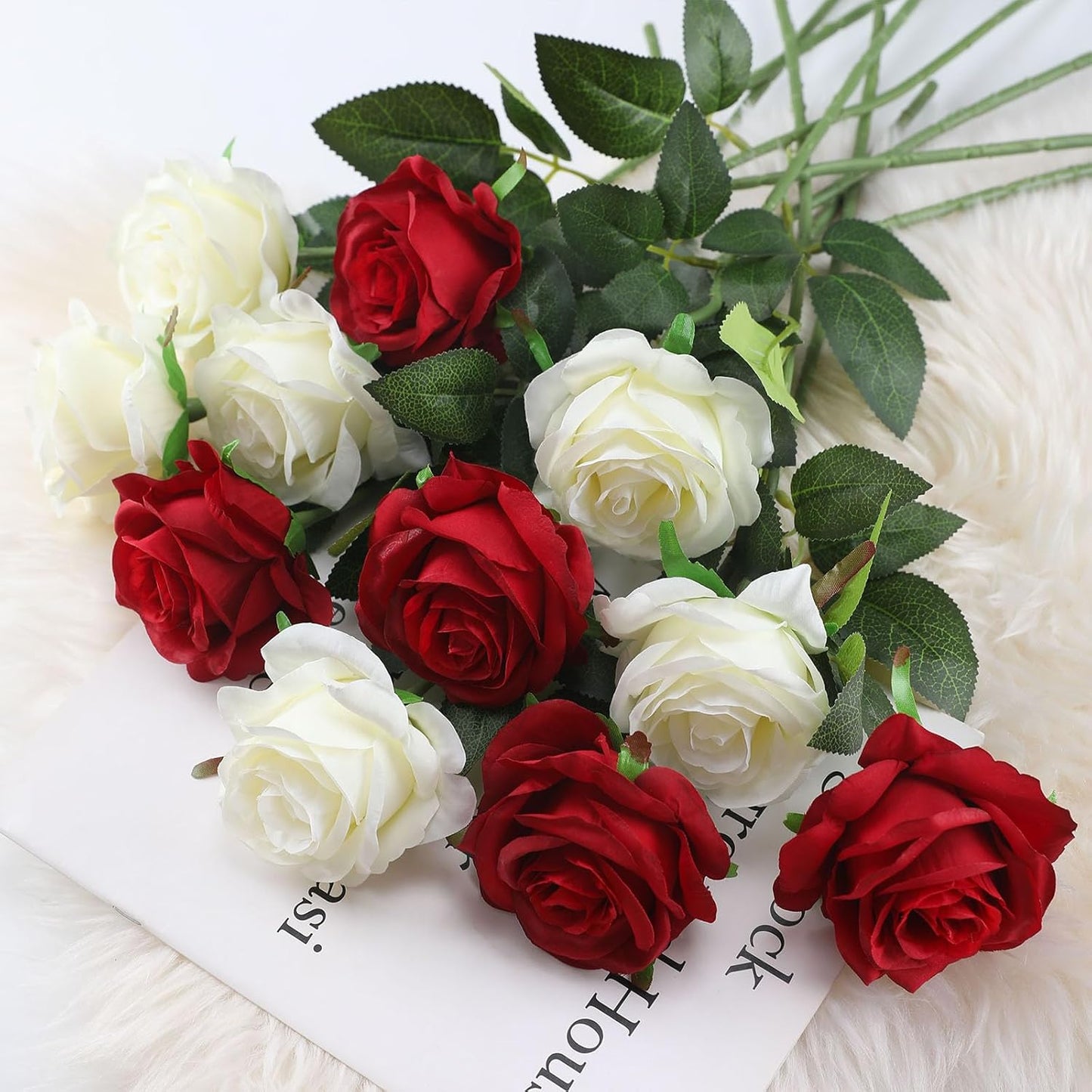 White Fake Roses Artificial Flowers - 10 Pcs Fake Artificial Roses Silk Flowers with Stems for Home Wedding Hotel Office Centerpiece Decor