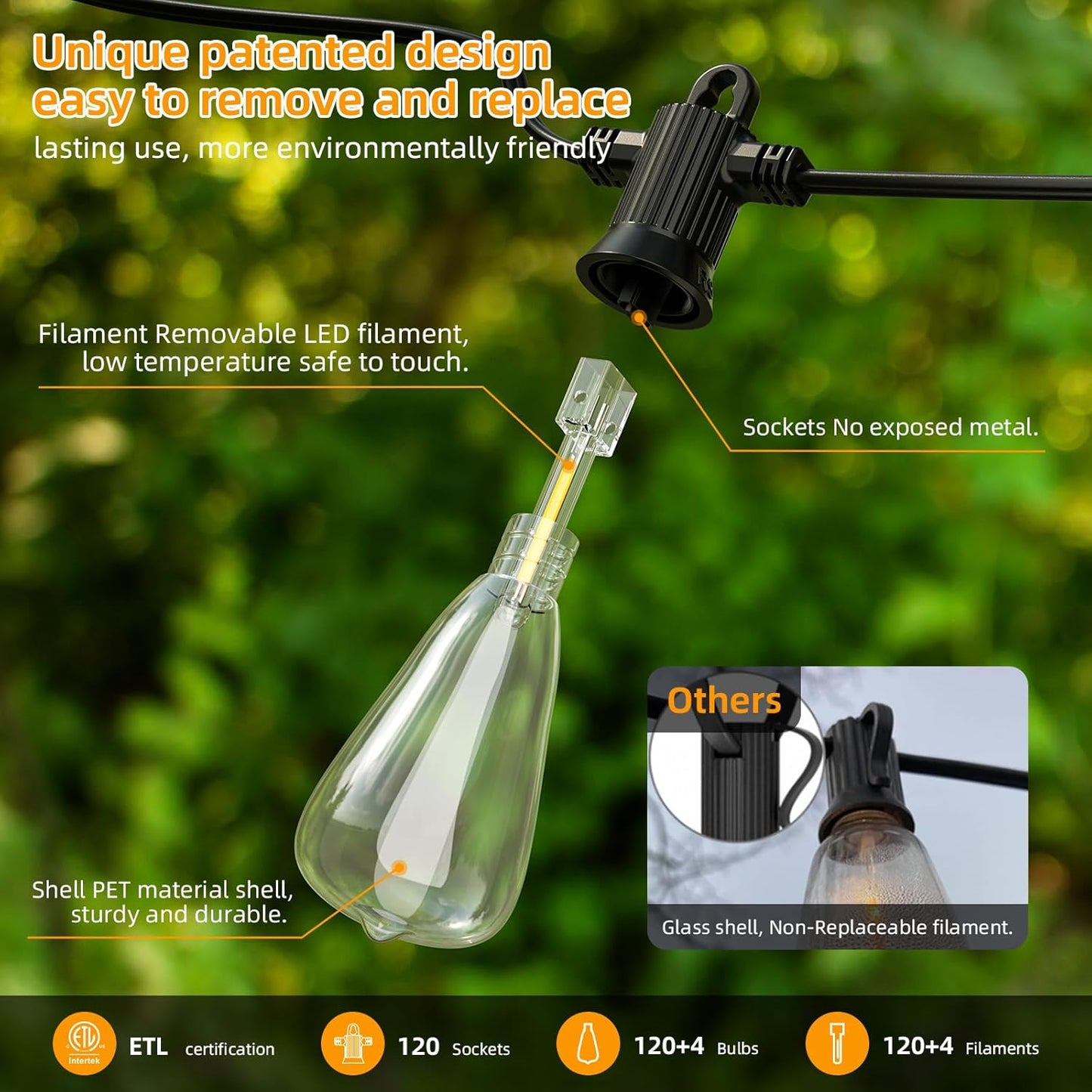 FOOMAN LED Outdoor String Lights, 240FT Outside Waterproof Patio Lights with 120+4 Shatterproof ST38 Edison Bulbs, 2700K Warm White Hanging Light, Dimmable Light for Backyard Garden Bistro Party Cafe