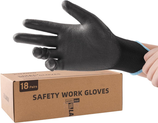 LANON Safety Work Gloves for Men and Women, 18 Pairs Mechanic Black Working Gloves with Grip Odorless PU Coated, Seamless Knit, Full Fingertip Touchscreen for Light Duty Working Gloves, Small