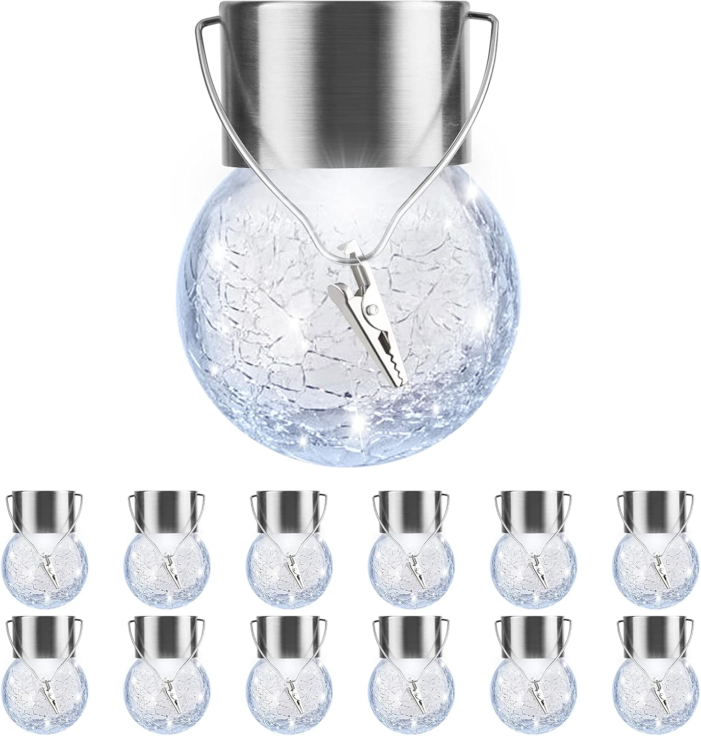 PARTPHONER 12 Pack Hanging Solar Lights Outdoor, Waterproof Solar Globe Lantern with Handle and Clip, Decorative Cracked Glass Ball Lights for Christmas Decor, Tree, Yard, Garden, Patio (Cold White)