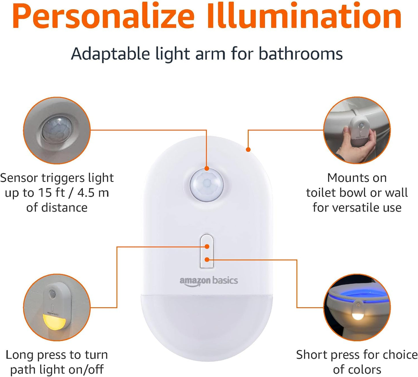 Amazon Basics Color Changing LED Toilet Bowl Motion Sensor Light, Battery Operated, 2 Pack, White