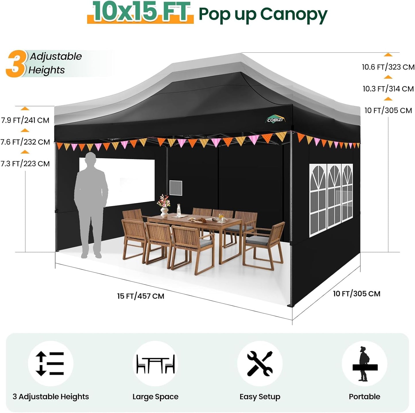 COBIZI 10x15 Heavy Duty Pop up Canopy Tent with 4 sidewalls Commercial Outdoor Canopy Wedding Party Tents for Wedding All Season Wind & Waterproof Gazebo with Carry Bag, Black(Frame Thickened)