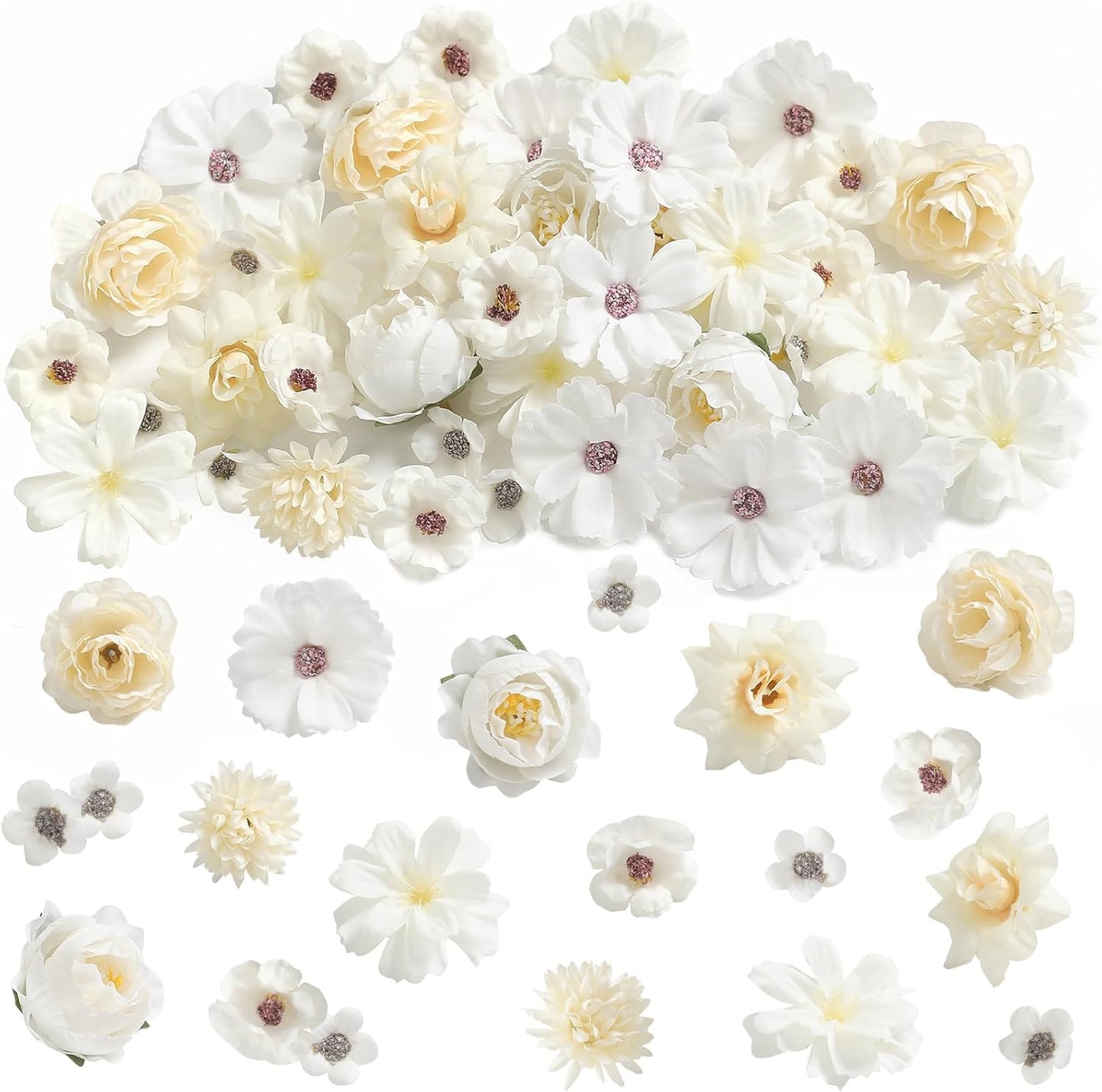 Faux Flower Heads Small Silk Artificial Flower DIY Fake Mini Flowers Rose Daisy Multicolor Flowers Craft Supplies for Wedding Party Wreath Graduation Season Party Home Decor (45, White)