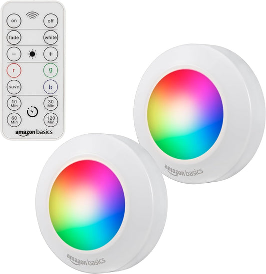 Amazon Basics LED Puck Lights, Color Changing, Battery Operated, IR Remote, 40 Lumens, 2 Pack, Wireless Stick on Lights, Under Cabinet Lighting, Ideal for Closets, and More, White