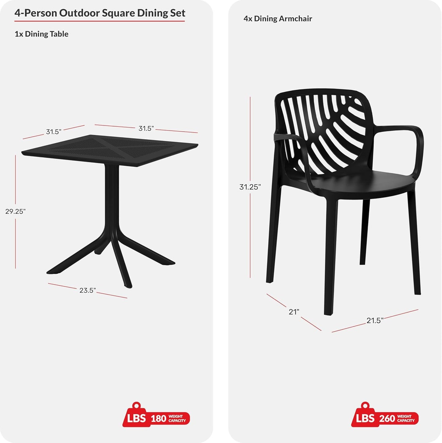 Breakfast Table Set for 4, HDPE Patio Square Dining Table and Stackable Chairs, Outdoor Small Patio Furniture Set All Weather for Backyard Porch Poolside, Red