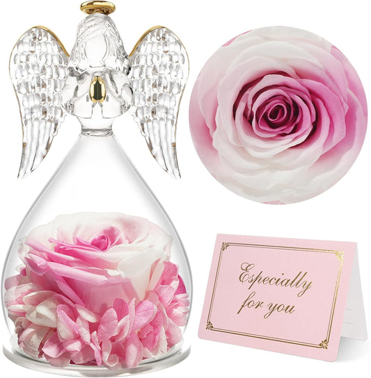 Yamonic Birthday Gifts for Women, Angel Figurines with Real Rose Gifts for Her Mom Grandma,Preserved Flowers Rose Gifts for Christmas Anniversary Birthday Gifts for Her (White+Pink)
