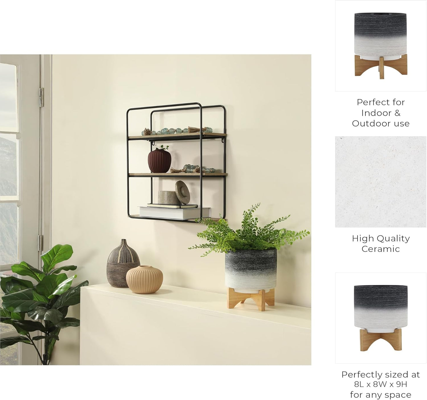 Modern Ceramic Planter with Wooden Stand – Stoneware Plant Pot Holder – Stylish Indoor & Outdoor Home Decor for Living Room, Bedroom, Office, or Garden – 9", Gray & White