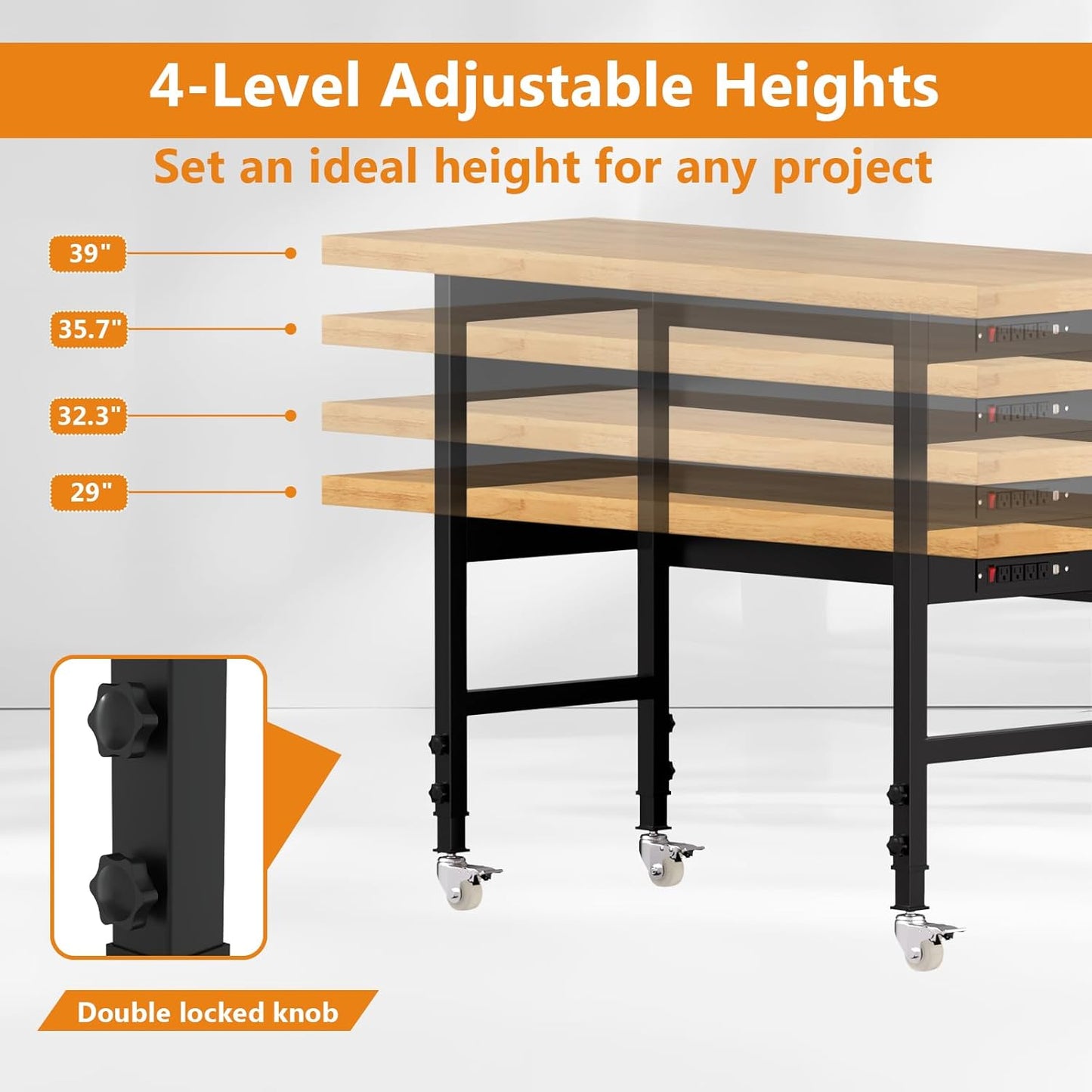 60" Adjustable Height Workbench with Wheels, Heavy-Duty Solid Wood Work Table with Power Outlets, 2000 LBS Capacity Workstation for Garage, Workshop(60" X 24")