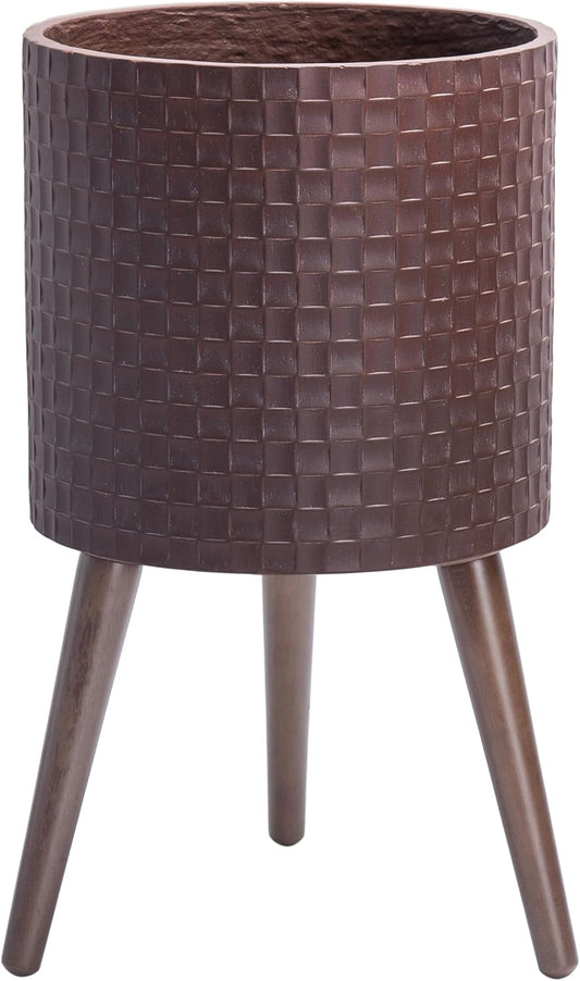 D'vine Dev 12 Inch Modern Geometric Tile Patterned Sleek Planter Pot with Stand, Indoor Outdoor Decorative Plant Holder, Espresso, 88-Z-C-6