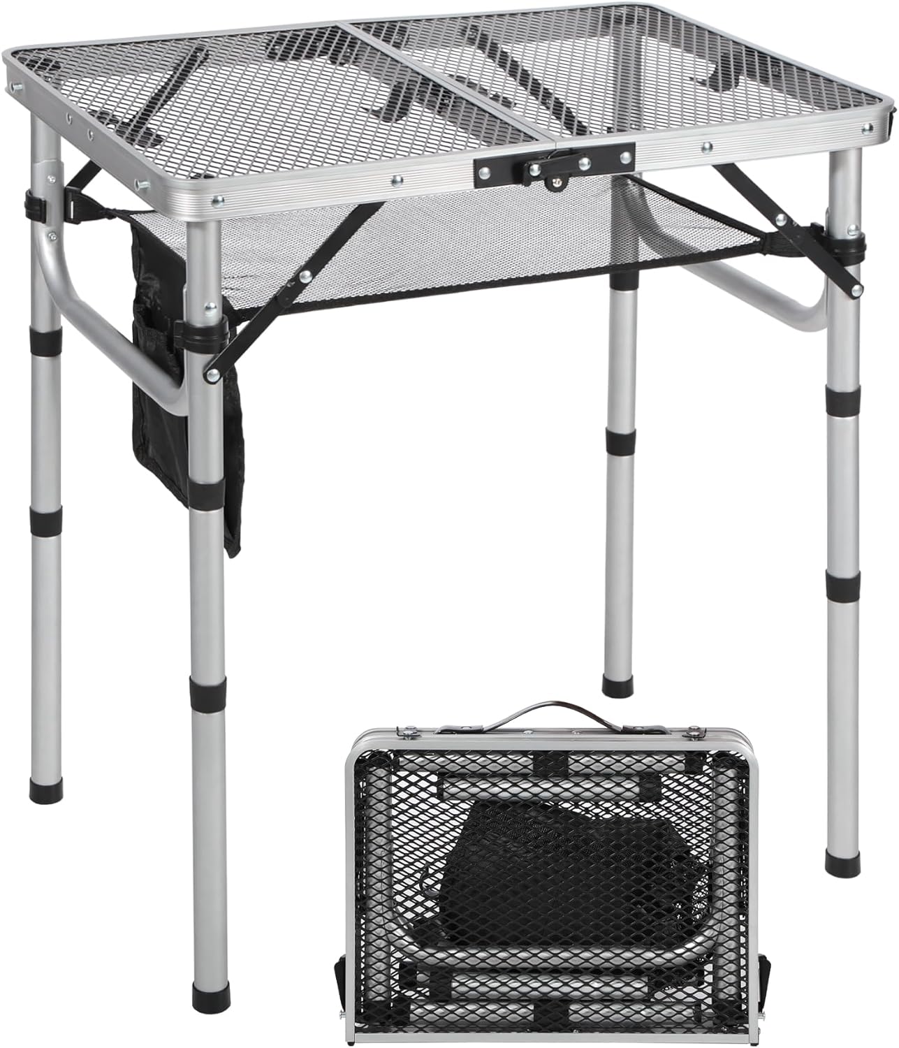 RedSwing Folding Grill Table, Lightweight Height Adjustable Aluminum Table with Mesh Desktop and Mesh Bag for Outdoor Camping Picnic BBQ, 2 Feet, Sliver