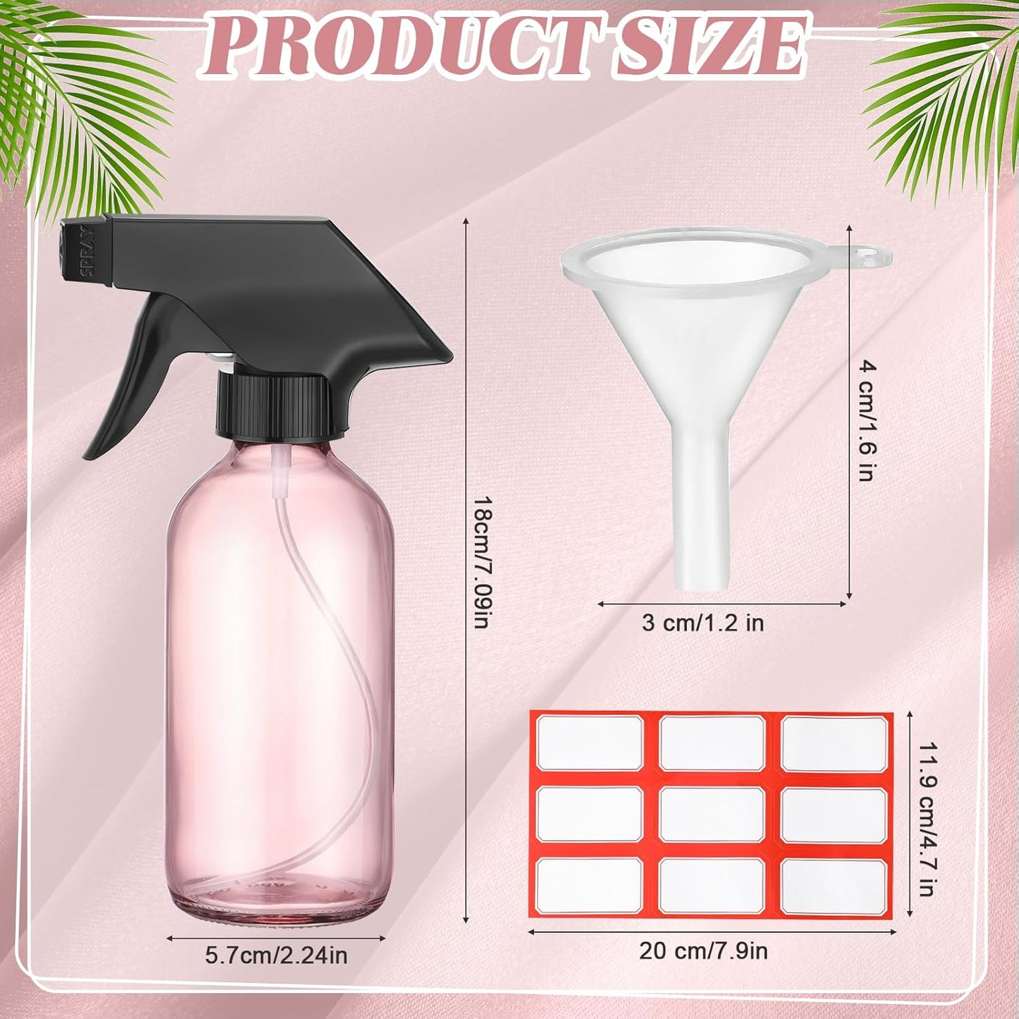 Norme 12 Pcs 8 oz Glass Spray Bottles with Funnels and Labels Refillable Cosmetic Empty Spray Bottles with Sprayer Containers for Essential Oil Cleaning Solutions(Pink,Classic)