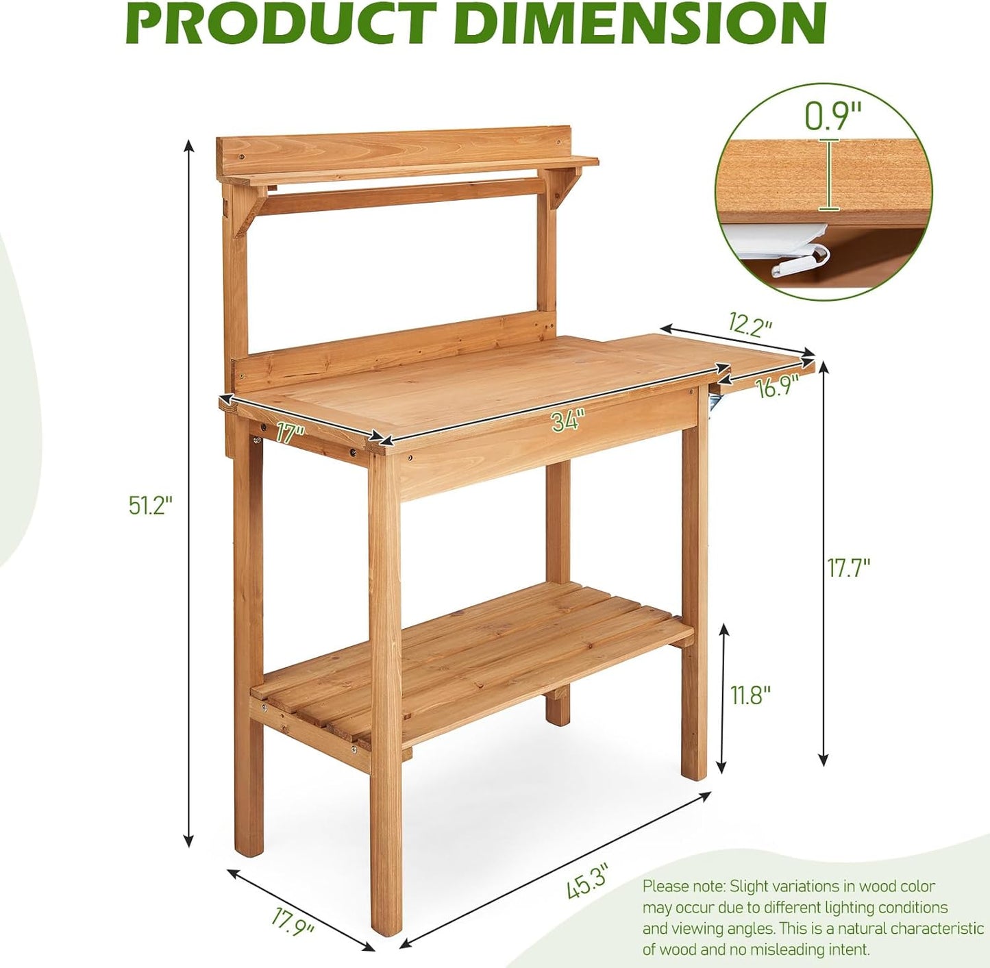 Outdoor Potting Bench Garden Work Station, Solid Wood Planting Table w/Sink Drawer Shelves,Metal Top, Folding Patio Furniture for Porch Balcony (45.3 x 17.9 x 51.2(Fir Wood Color))