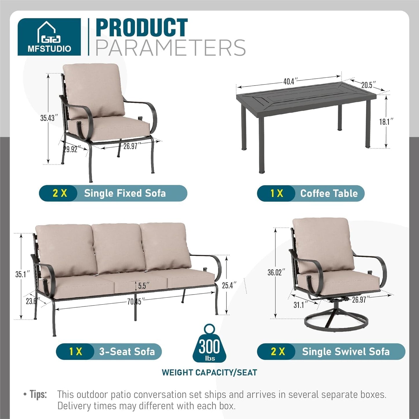 MFSTUDIO 7 Seats Metal Patio Conversation Furniture Sets, 6 Pieces Outdoor Sectional Sofa with 2 Swivel Chairs, 2 Fixed Chairs, 3-seat Sofa and Table for Outside Backyard Poolside Garden