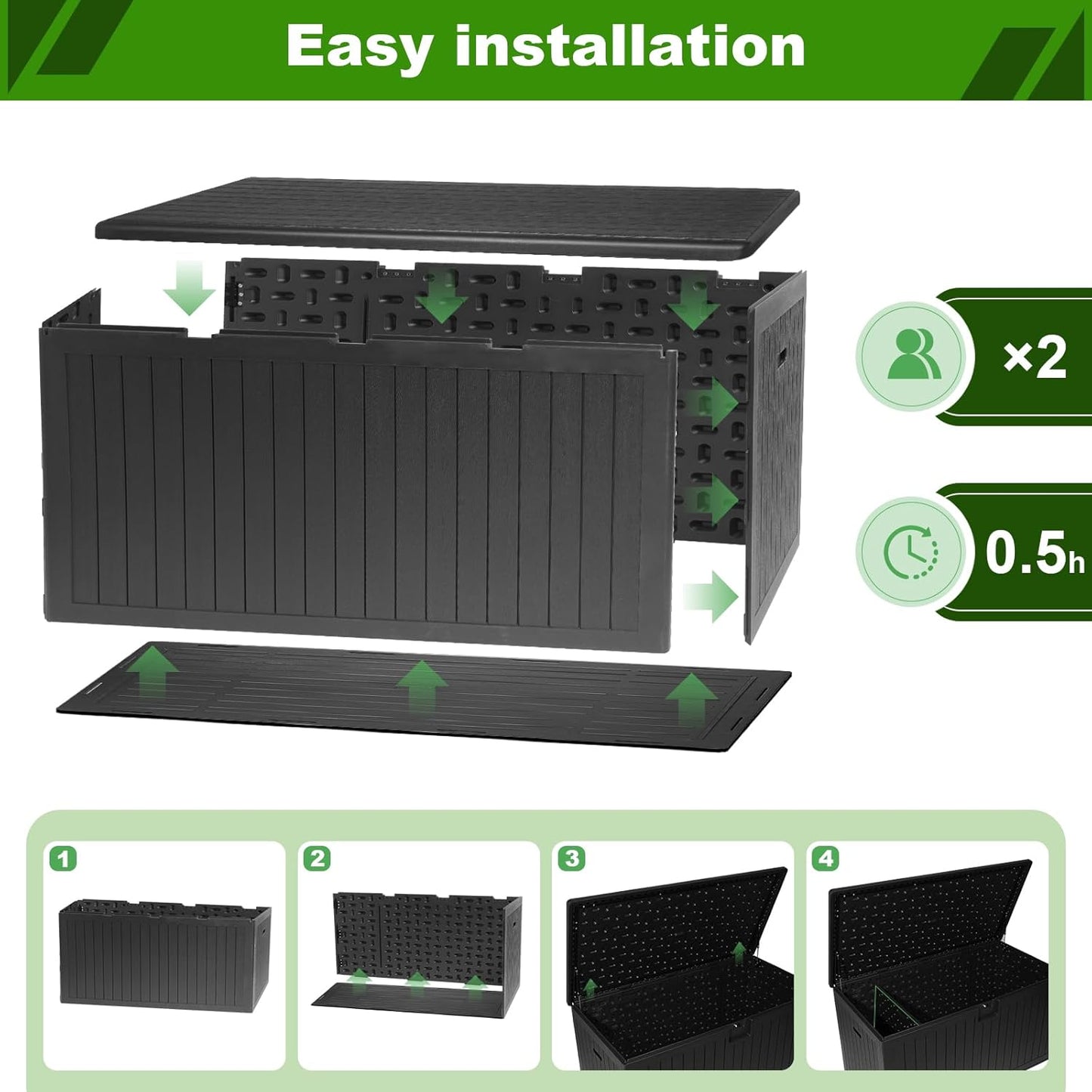 260 Gallon Outdoor Storage Box Waterproof, Extra Large Plastic Outside Deck Box Weatherproof, Resin Patio Storage Bin with Lock and Lids for Pool Equipment and Cushion, Black