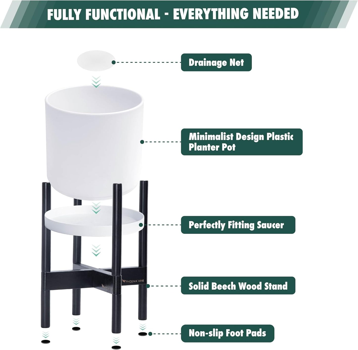 D'vine Dev Planter Pot with Stand - 8 Inch Plastic Cylinder Flower Pot with Wood Planter Holder for Indoor, Matte White Pot + Ebony Stand, 55-C-K-1