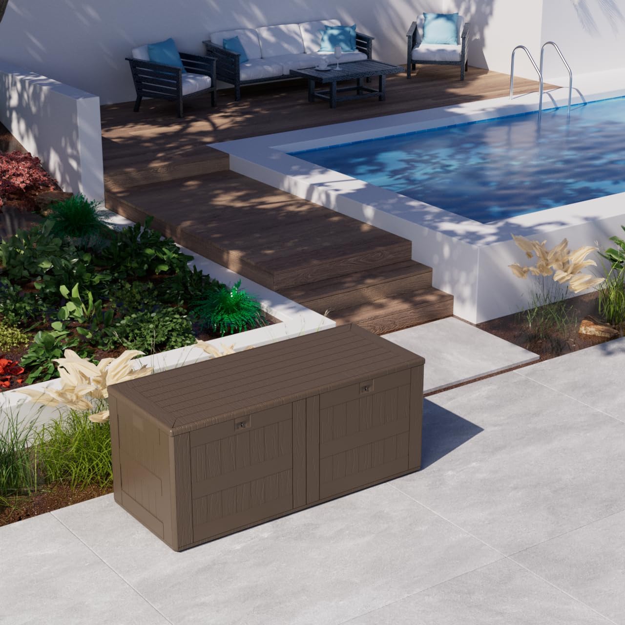 180 Pro Gallon Waterproof Outdoor Storage Bin Resin Deck Box for Patio, Poolside, and Garden, Lockable & UV-Resistant, Brown