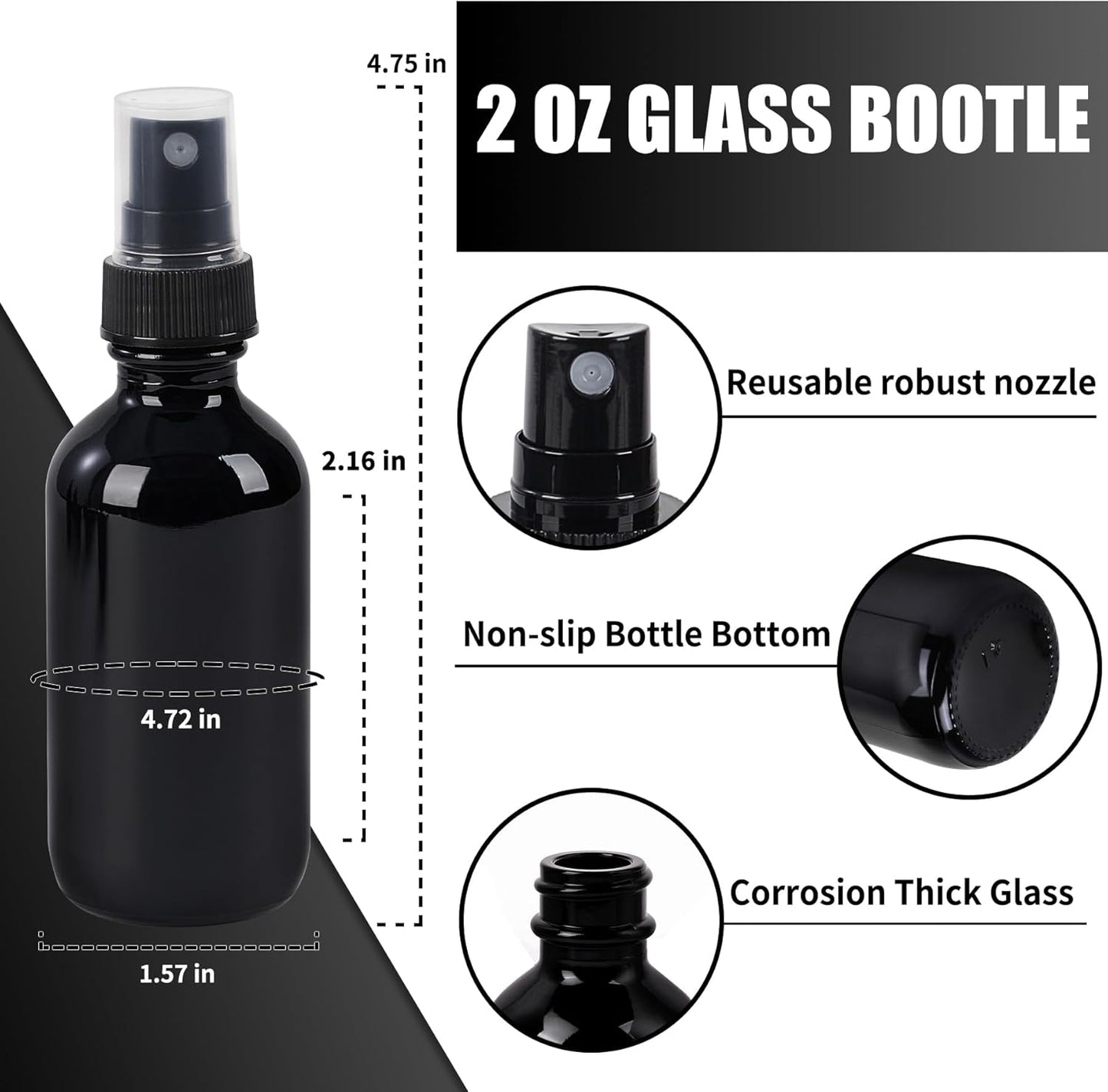 2 oz Glass Spray Bottles, Reusable Fine Mist Sprayer Small Spray Bottle, Leak-Proof Design, Perfect for Travel, Skin Care, Perfumes, Botanical, Cleansing (Black, 2oz-12pcs)