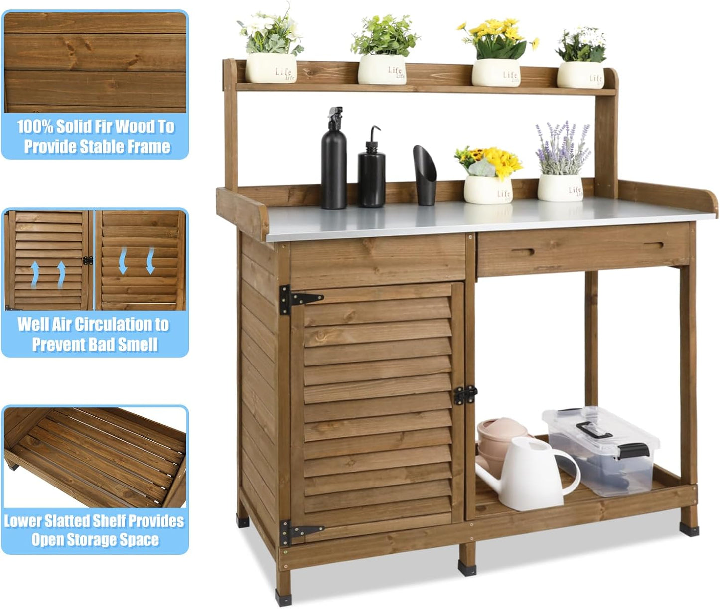 Outdoor Garden Potting Bench Table, 41" L Wooden Potting Table Work Bench for Horticulture, Waterproof Workstation Table with Metal Tabletop/Cabinet/Drawer/Open Shelf (Brown)