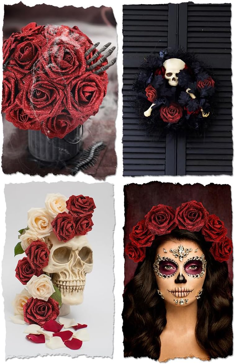 N&T NIETING Artificial Flowers Glowing Red Flowers Foam 25pcs Glitter Roses Real Looking Fake Roses with Stem for DIY Wedding Bouquets Centerpieces Bridal Shower Party Home Decorations