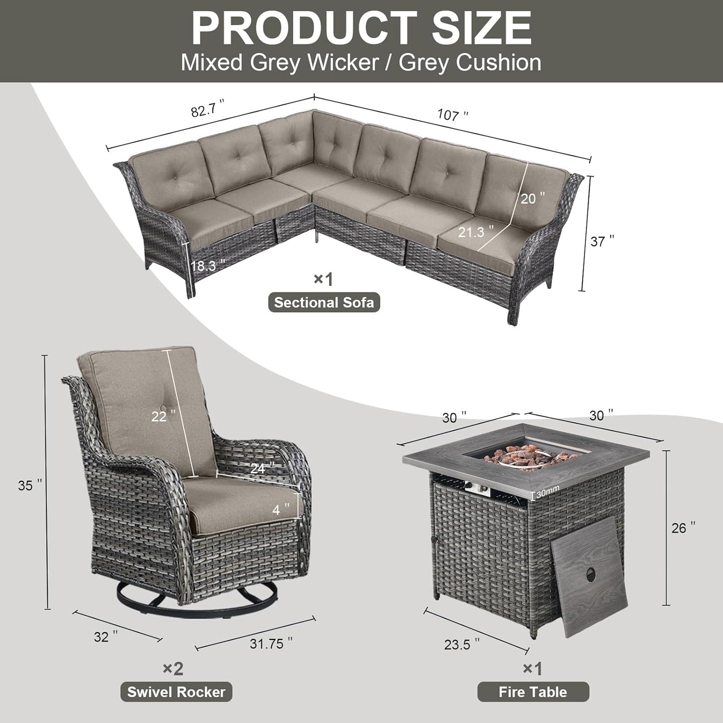 Outdoor Sectional Sofa Furniture Set with Propane Fire Pit Table, Wicker Patio Conversation Set with 2 Swivel Glider Rocker Chairs Grey Cushion Perfect for Backyard Casual Gathering
