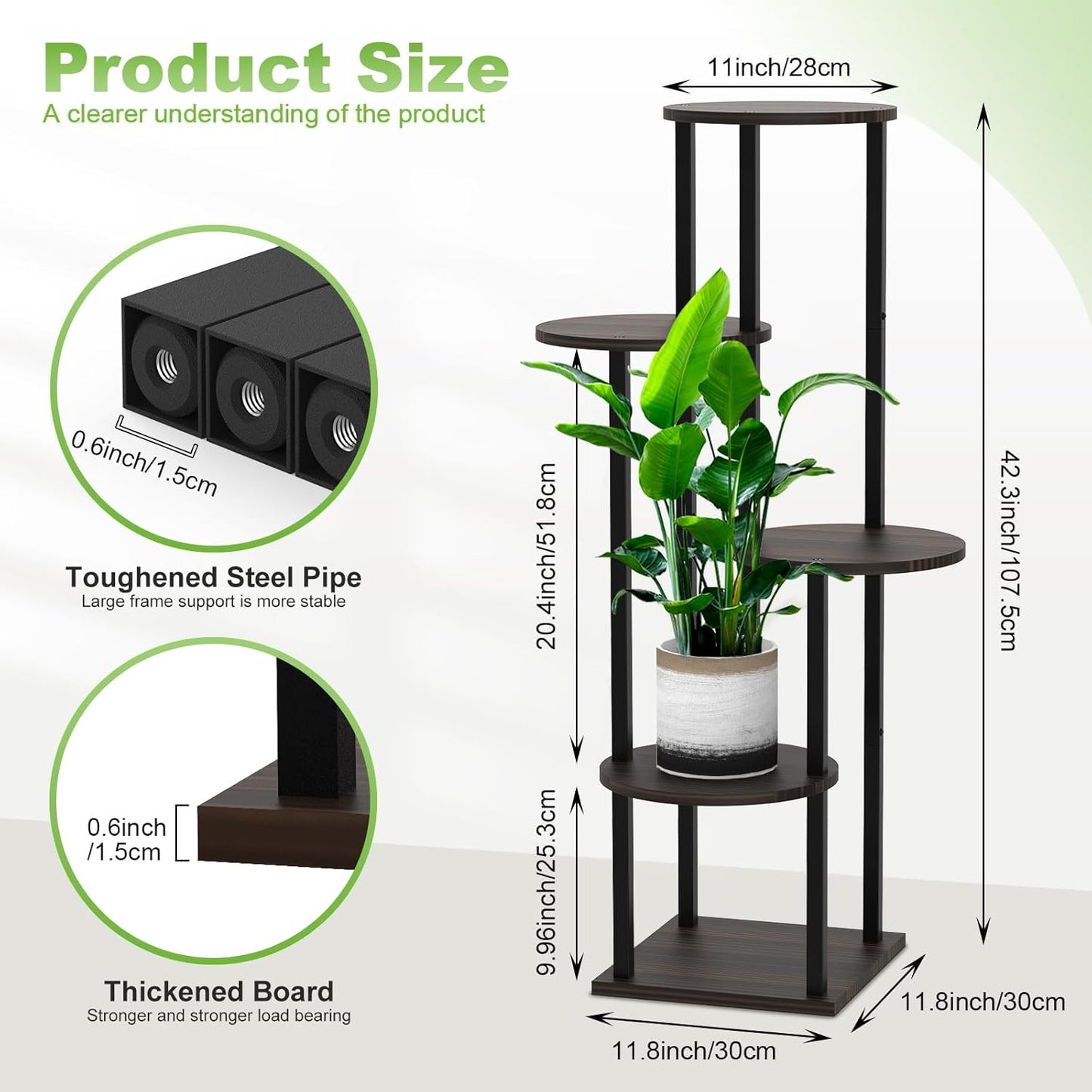 5 Tier Wood Tall Plant Stand Metal Rack Indoor, Multiple Flower Pot Holder Shelves Corner Rack, Round Planter Shelf Display Rack Storage Organizer for Patio Living Room Balcony(Black Oak)