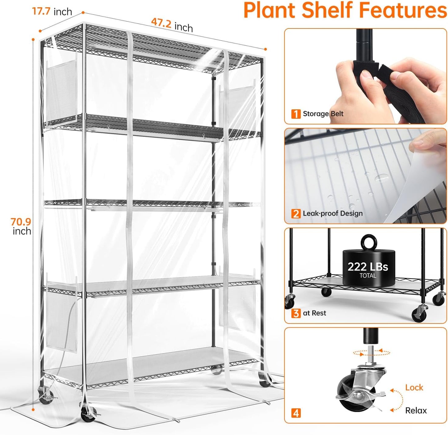 Indoor Greenhouse with Grow Light, Tall Plant Stand with 4 Pack Full Spectrum Plant Lights , 3 Color Modes, Plant Shelf with Tent for Indoor Plant, Seed Starting, Seed Tray, 47.2"x17.8"x70.9"