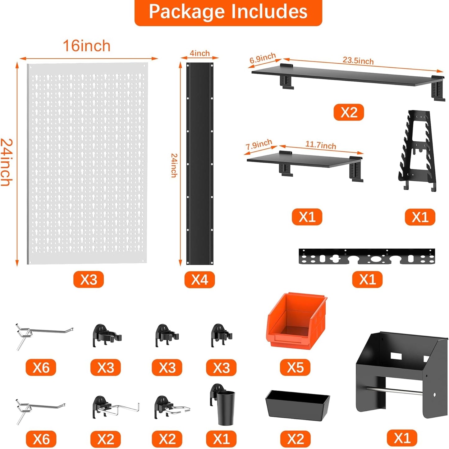 TORACK Pegboard Wall Organizer 4 ft. Garage Metal Pegboard Tool Organizer System, Tools Storage Peg Board Kit with Hooks and Accessories, Wall Mounted Storage Bins, Overhead Shelves