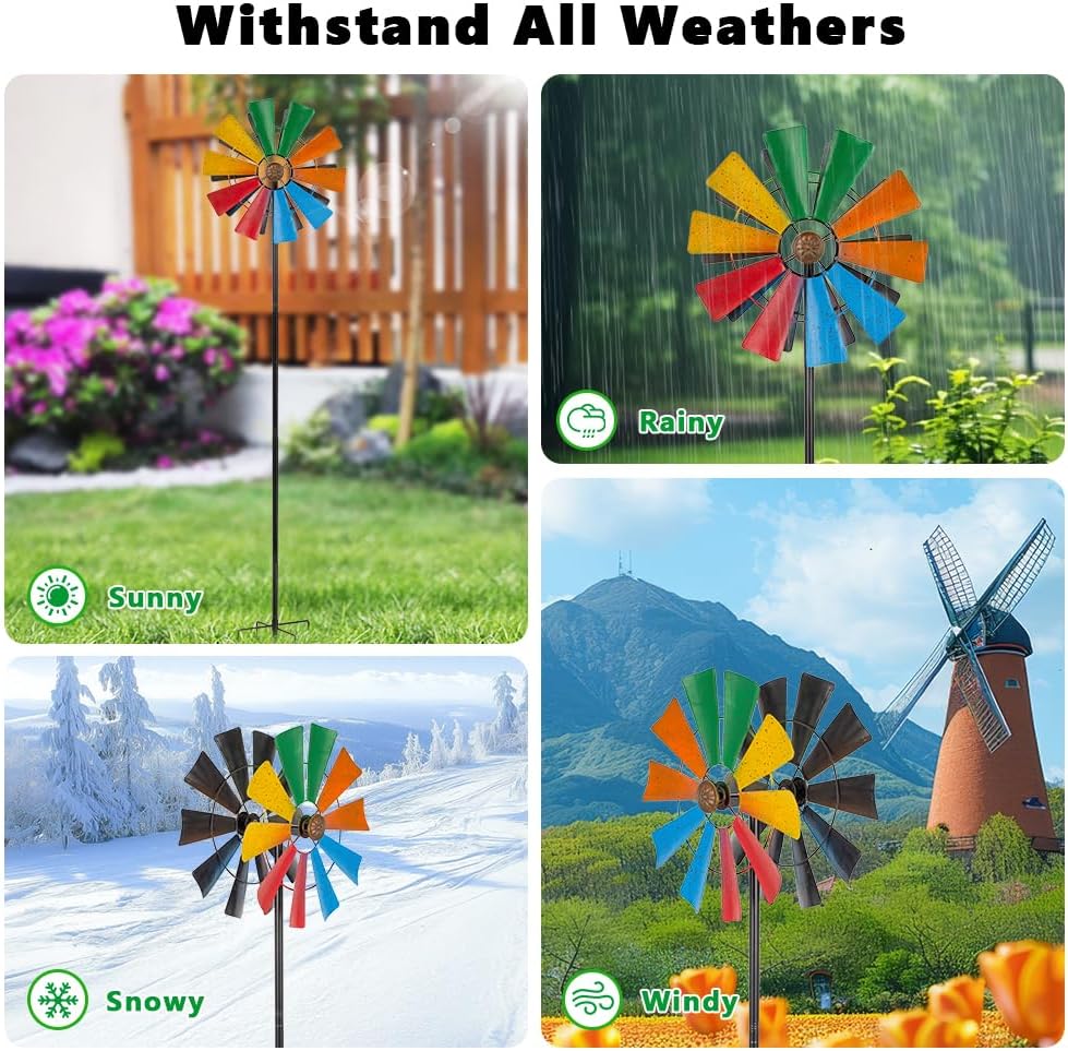 Stargarden Wind Spinners Outdoor, 13.4 Inch Kinetic Pinwheels, Colorful Metal Garden Spinners Double Windmill for Yard, Lawn, Patio