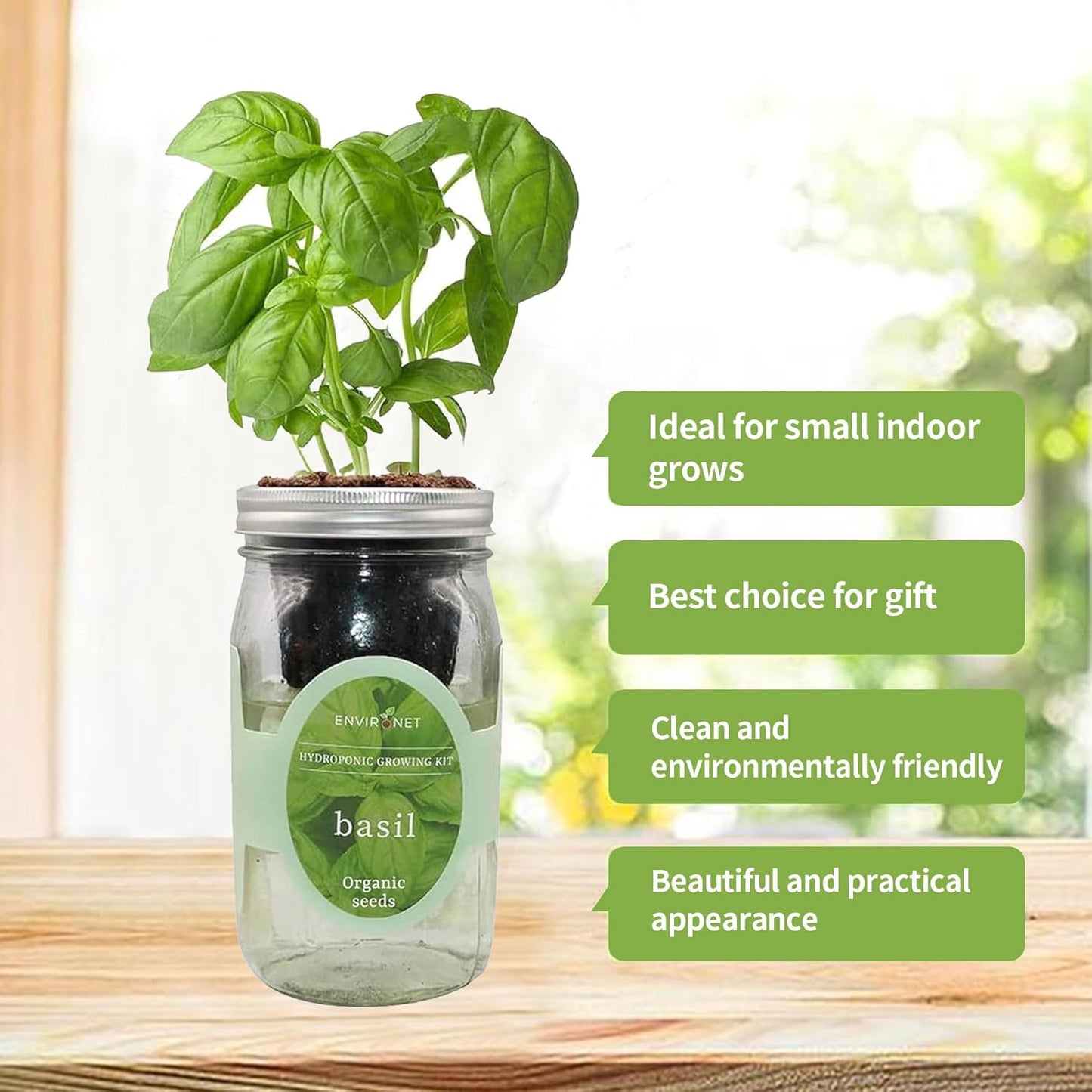 Hydroponic Growing Kit, Self-Watering Mason Jar Herb Garden Starter Kit Indoor, Windowsill Herb Garden, Grow Your Own Herbs from Organic Seeds (Basil)